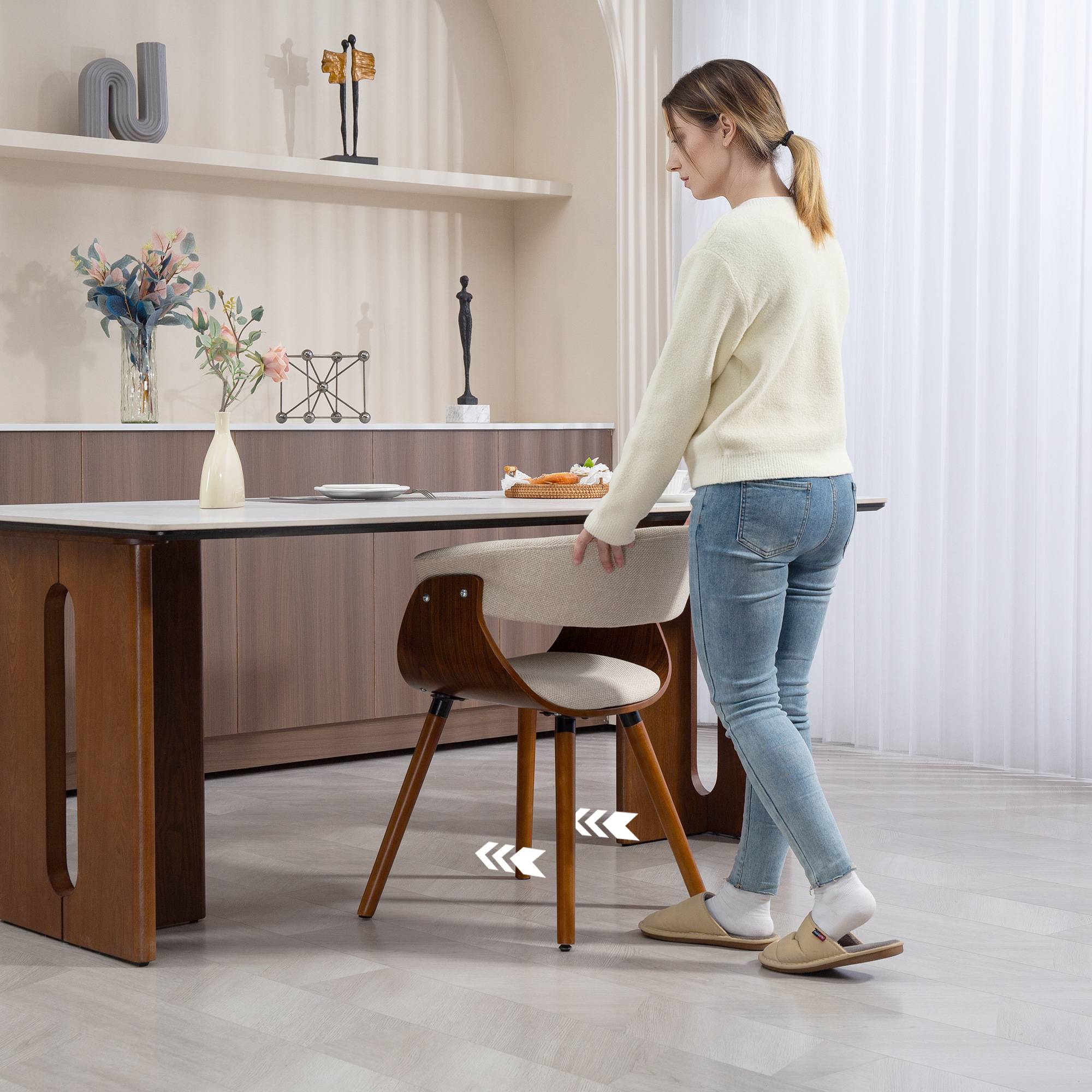 Lot de 2 chaises de salle à manger, chaises de cuisine rembourrées avec dossier incurvé et pieds en bois massif, beige - Image 8