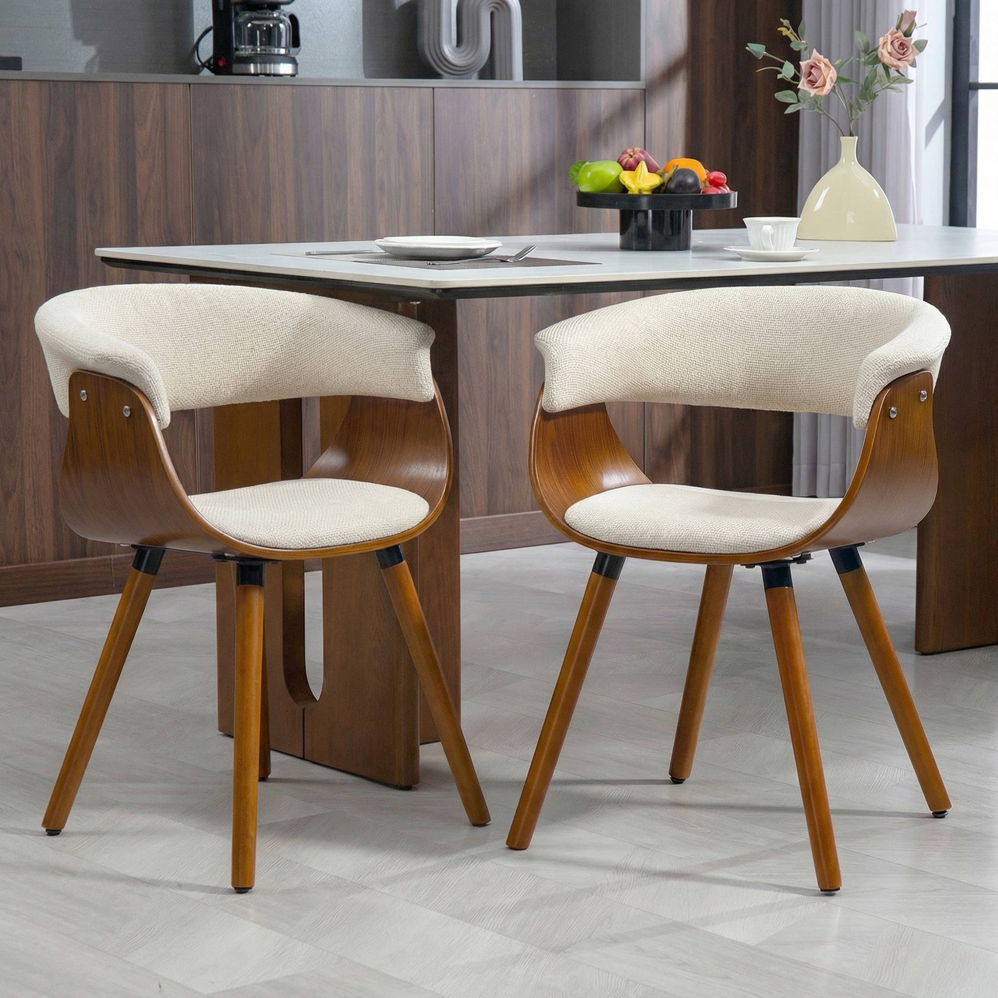 Lot de 2 chaises de salle à manger, chaises de cuisine rembourrées avec dossier incurvé et pieds en bois massif, beige - Image 4
