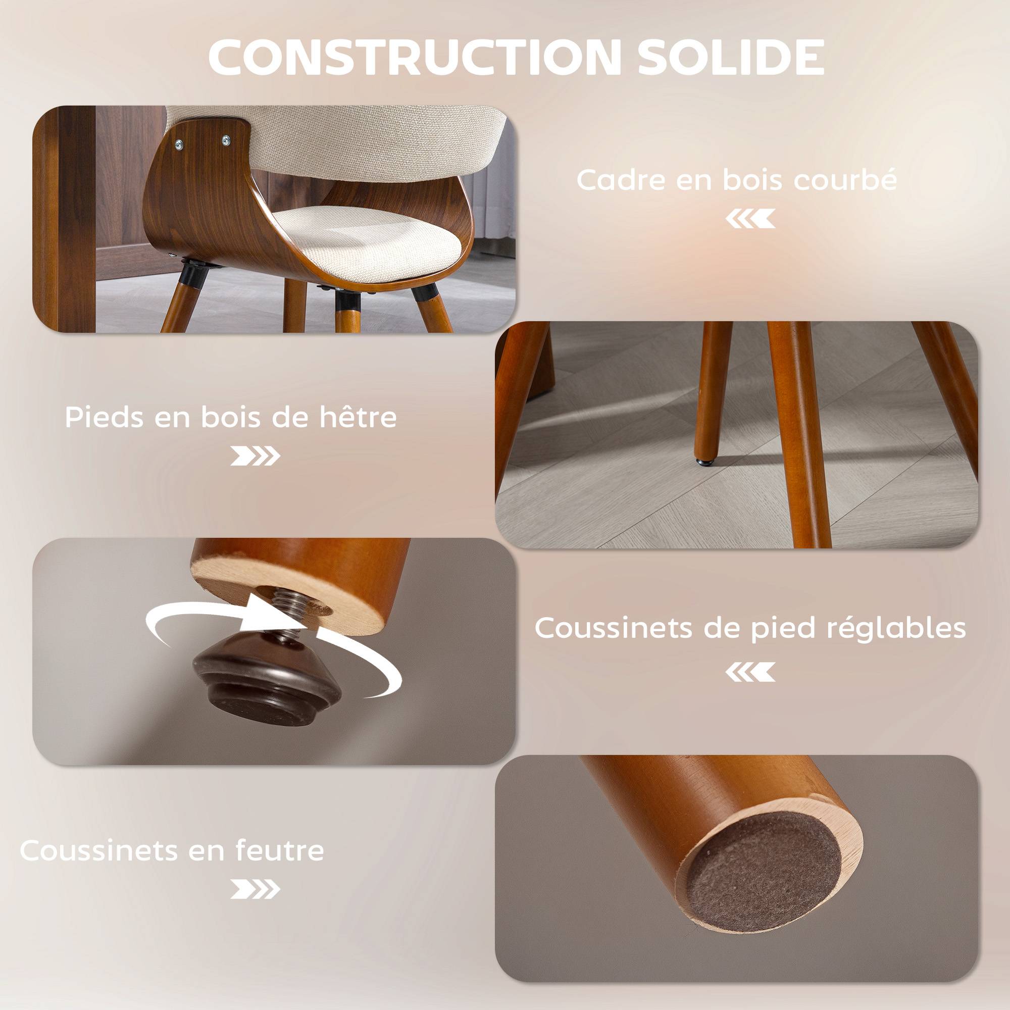Lot de 2 chaises de salle à manger, chaises de cuisine rembourrées avec dossier incurvé et pieds en bois massif, beige - Image 7