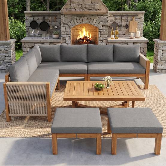 Salon de jardin modulable bois acacia extérieur canapé d'angle 6 places gris - ComfortXL Outdoor Living - Image 9