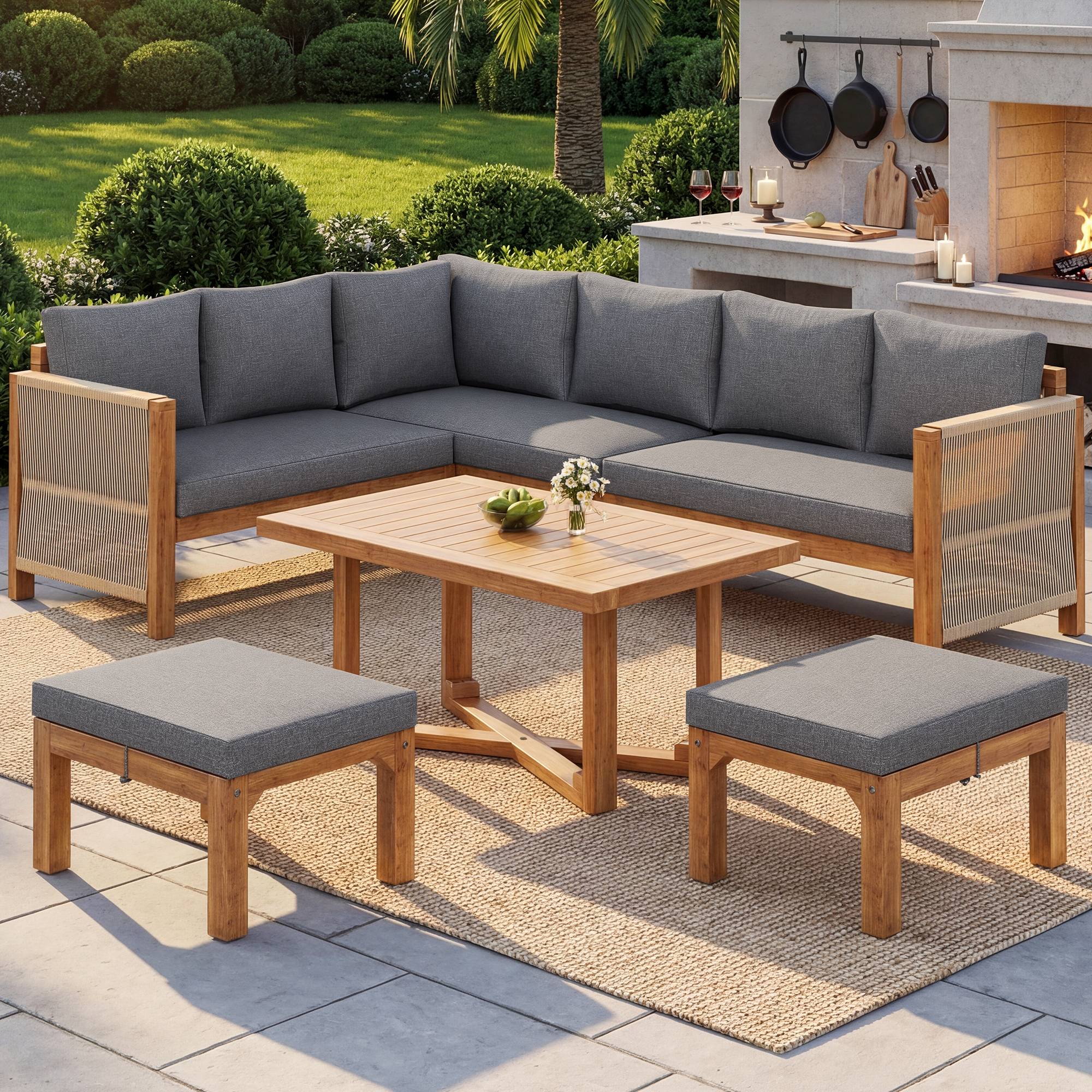 Salon de jardin modulable bois acacia extérieur canapé d'angle 6 places gris - ComfortXL Outdoor Living