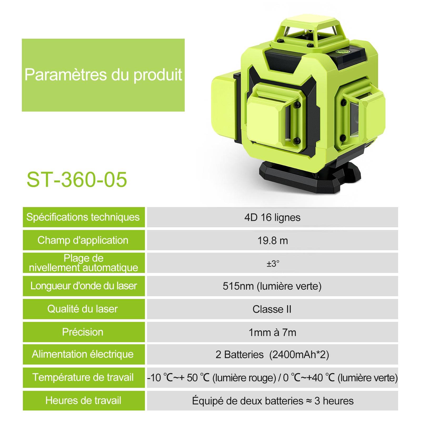 Teeno - Niveau laser 4 x 360°, 2 batteries 2400 mAh, 4D 16 fils. - Image 2