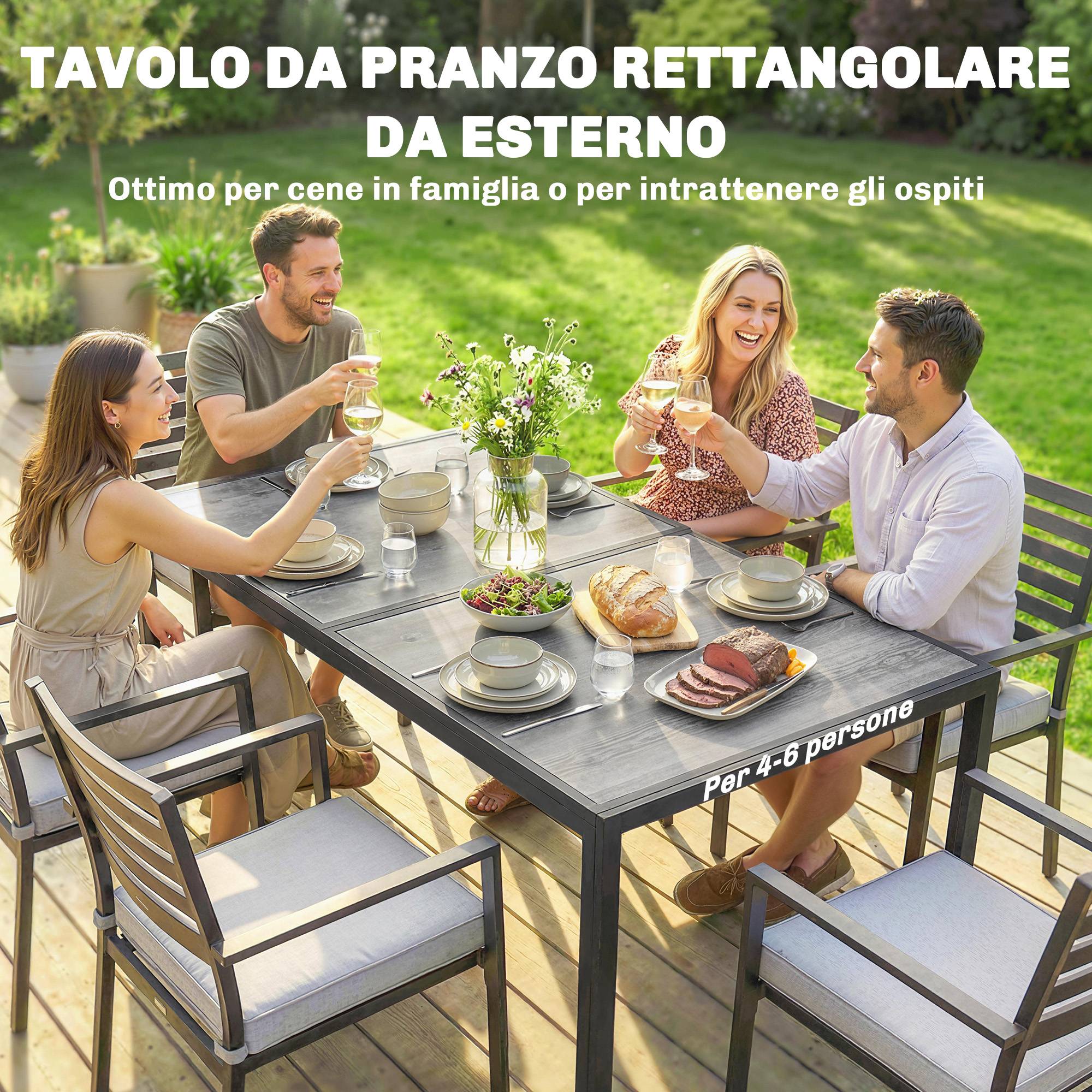 Table de jardin pour 4 à 6 personnes avec plateau imitation bois, en acier et plastique PSPC, 150 x 80 x 74 cm, gris et noir - Image 6