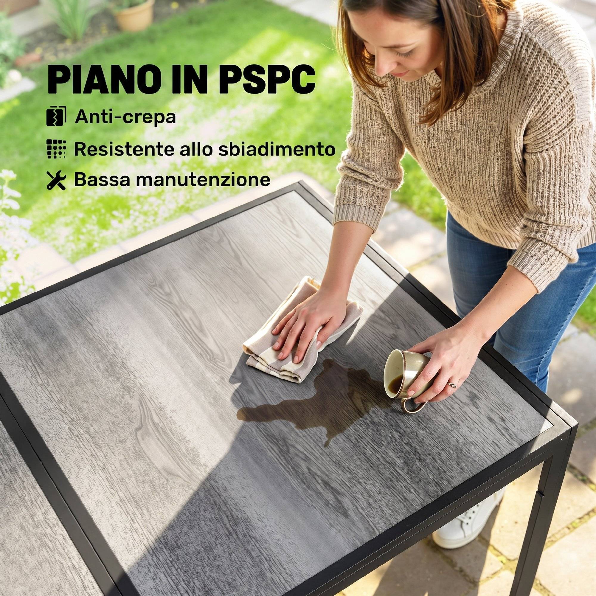 Table de jardin pour 4 à 6 personnes avec plateau imitation bois, en acier et plastique PSPC, 150 x 80 x 74 cm, gris et noir - Image 8