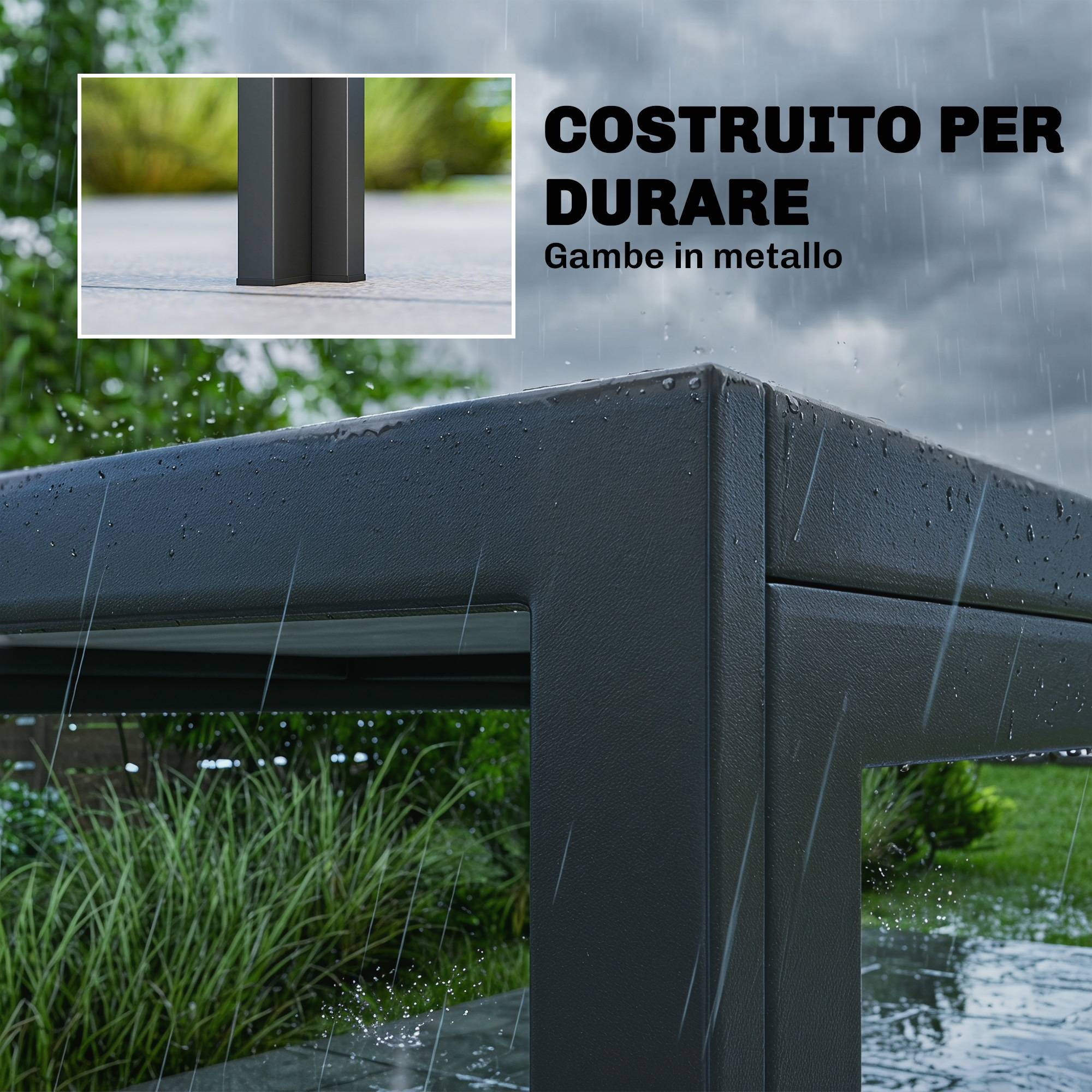 Table de jardin pour 4 à 6 personnes avec plateau imitation bois, en acier et plastique PSPC, 150 x 80 x 74 cm, gris et noir - Image 9