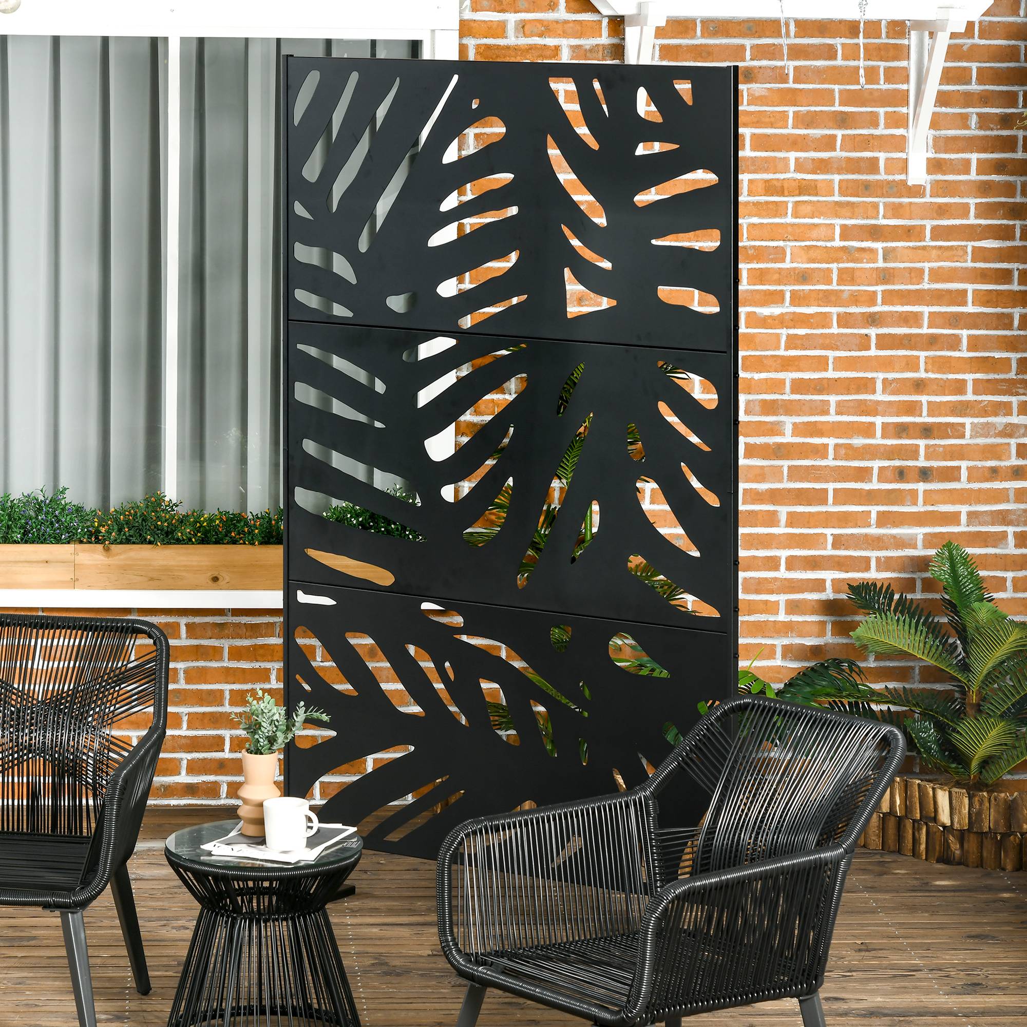 Panneau brise vue décoratif extérieur noir à motif végétal en métal - 122 x 45 x 198 cm - Image 4