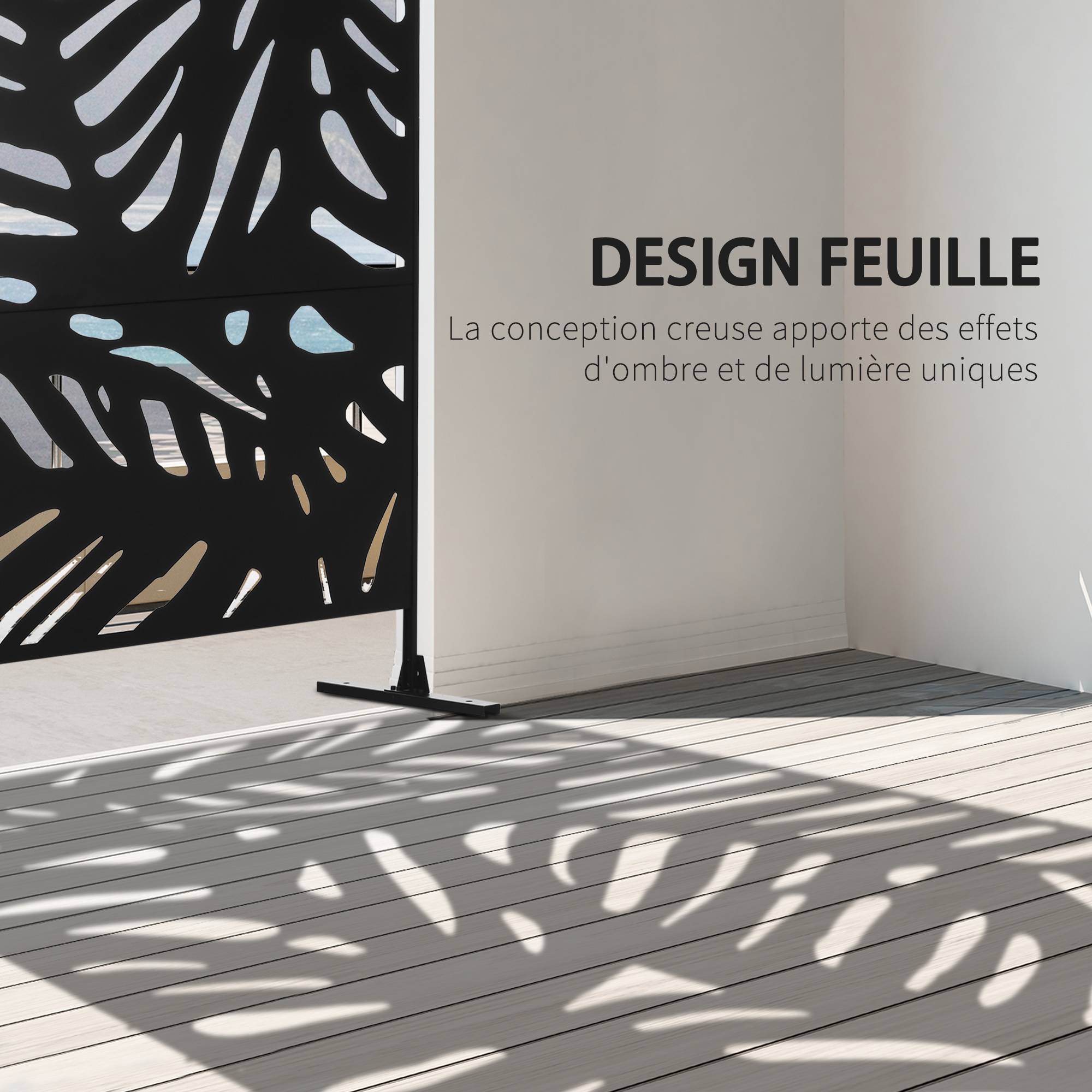 Panneau brise vue décoratif extérieur noir à motif végétal en métal - 122 x 45 x 198 cm - Image 6