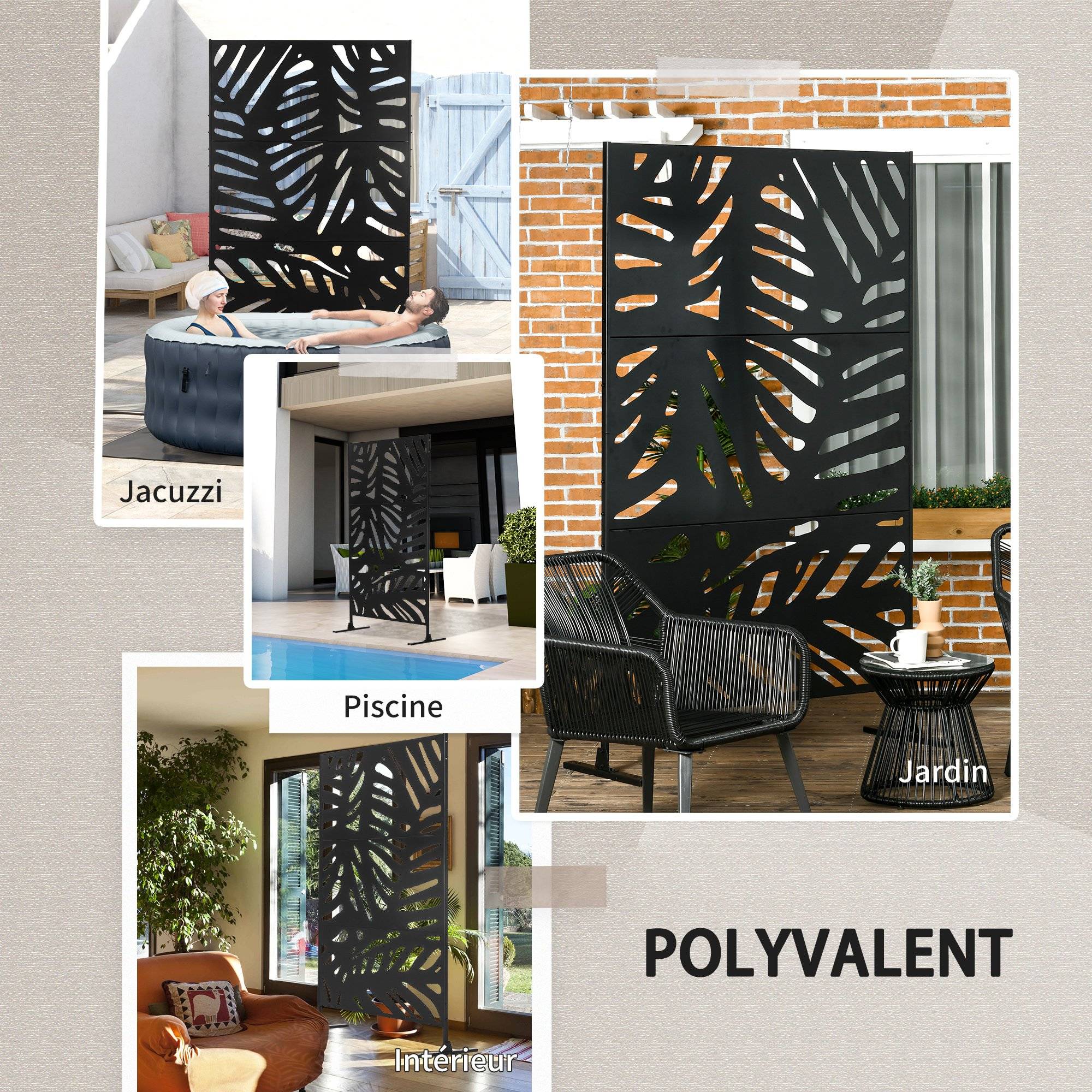 Panneau brise vue décoratif extérieur noir à motif végétal en métal - 122 x 45 x 198 cm - Image 8