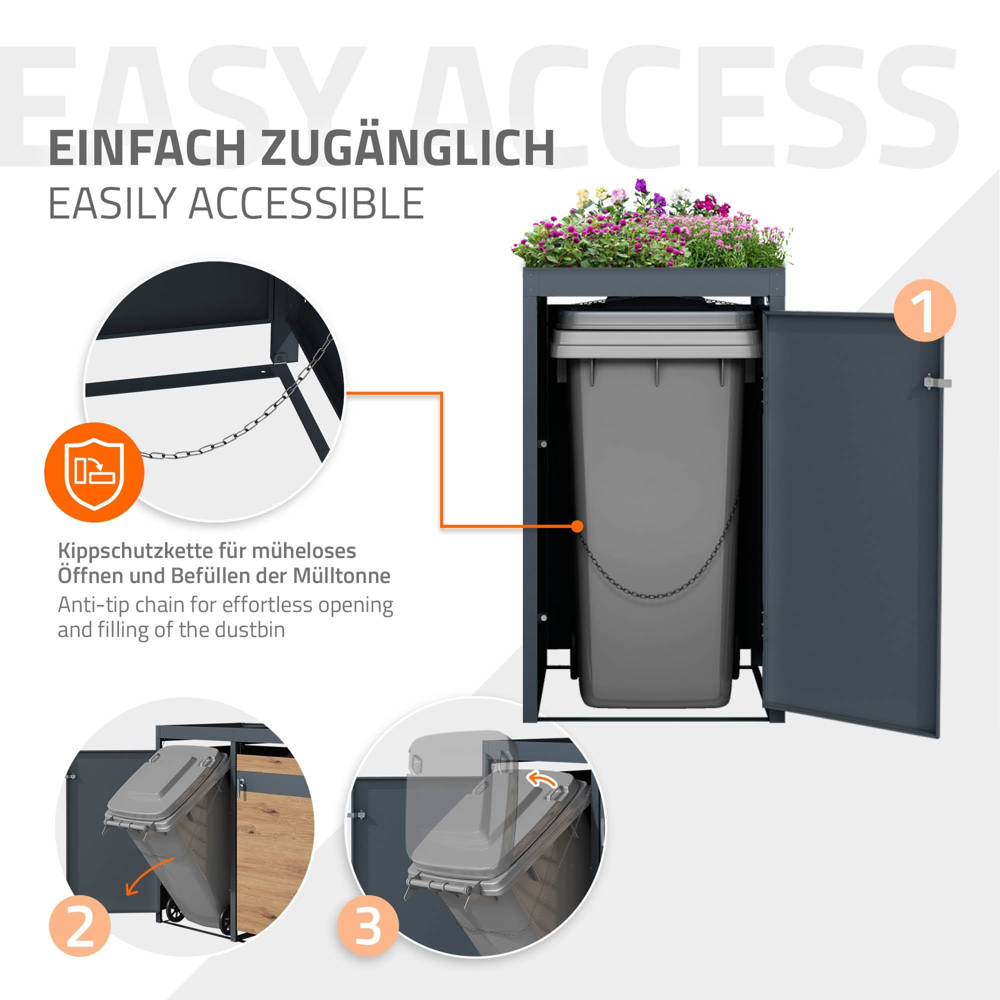 Abri pour 3 poubelles 200x80x124 cm capacité de 60L à 240L anthracite/aspect chêne en acier avec toit pour plantes/3 portes résistant aux intempéries - Image 4