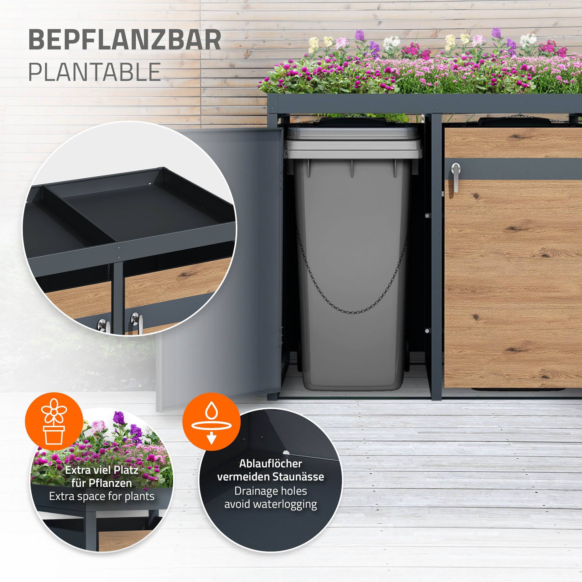 Abri pour 3 poubelles 200x80x124 cm capacité de 60L à 240L anthracite/aspect chêne en acier avec toit pour plantes/3 portes résistant aux intempéries - Image 5