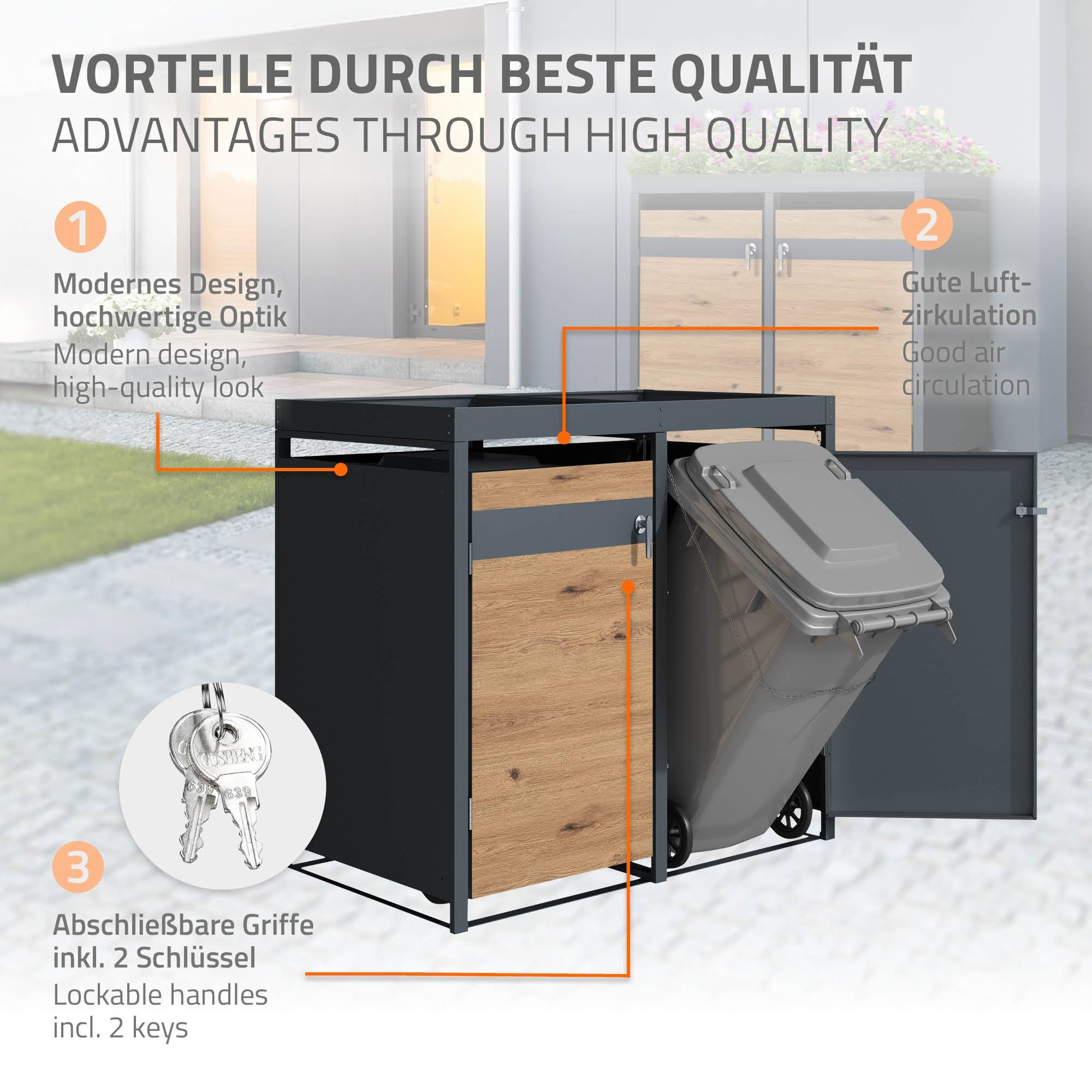Abri pour 3 poubelles 200x80x124 cm capacité de 60L à 240L anthracite/aspect chêne en acier avec toit pour plantes/3 portes résistant aux intempéries - Image 3