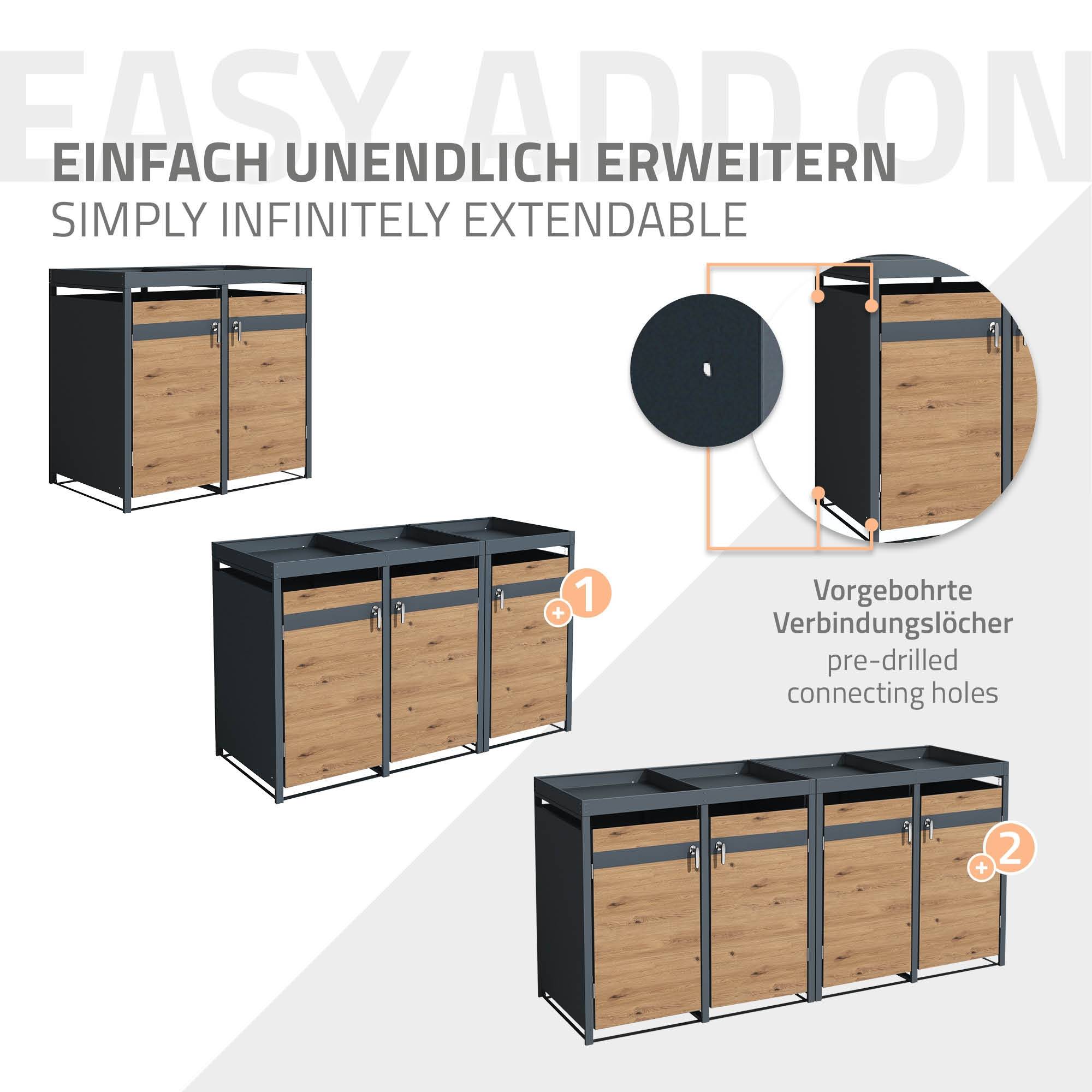 Abri pour 3 poubelles 200x80x124 cm capacité de 60L à 240L anthracite/aspect chêne en acier avec toit pour plantes/3 portes résistant aux intempéries - Image 7