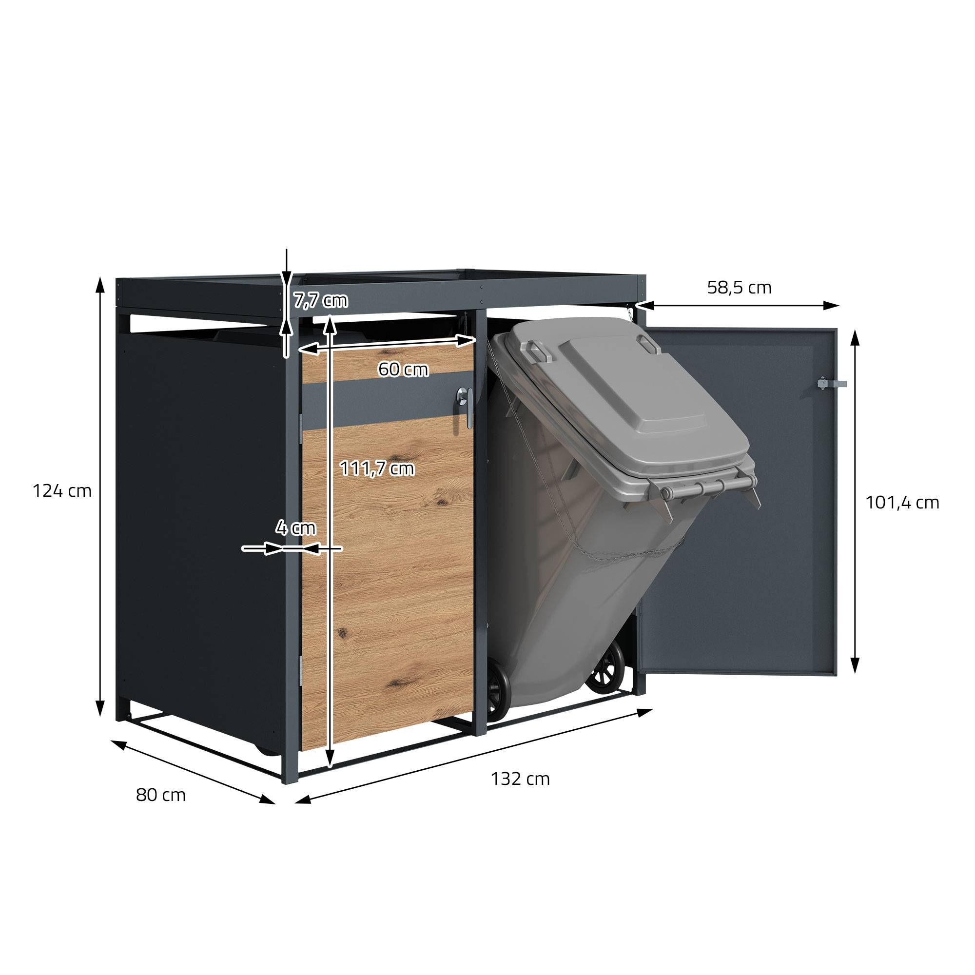 Abri pour 3 poubelles 200x80x124 cm capacité de 60L à 240L anthracite/aspect chêne en acier avec toit pour plantes/3 portes résistant aux intempéries - Image 9