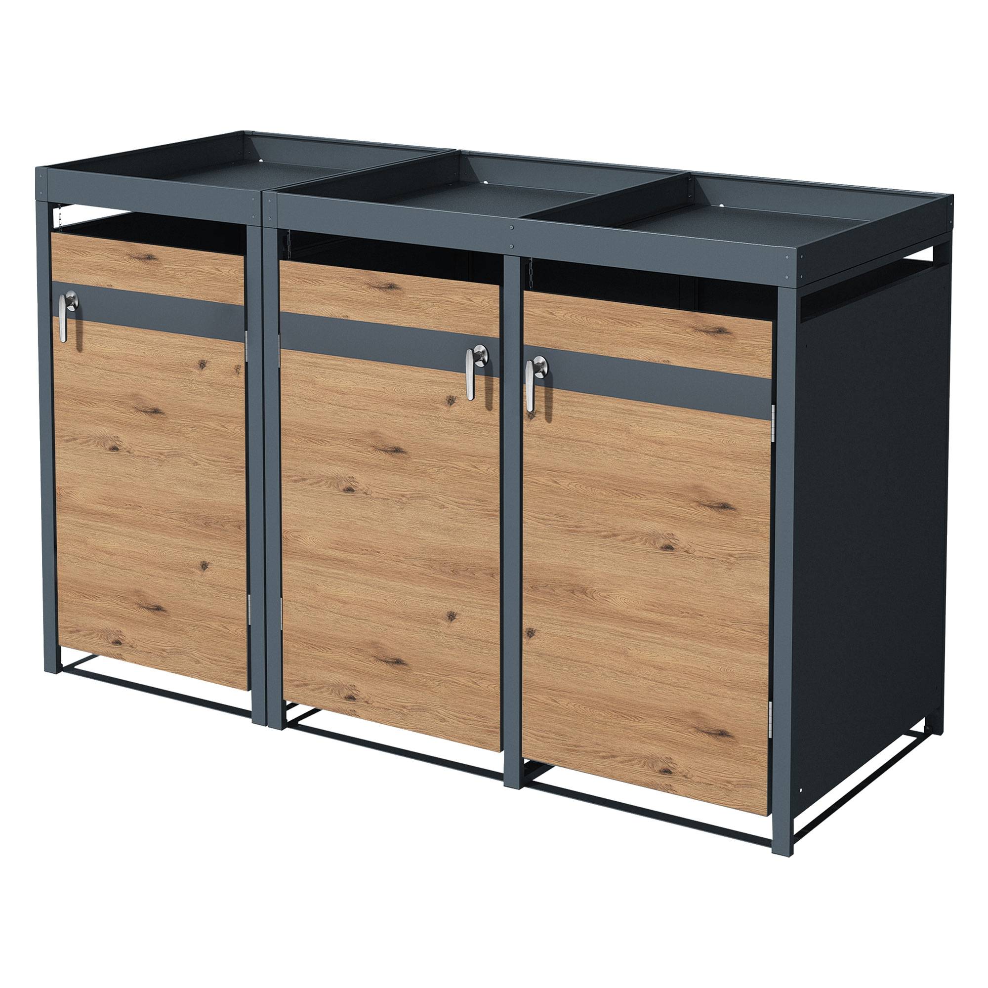 Abri pour 3 poubelles 200x80x124 cm capacité de 60L à 240L anthracite/aspect chêne en acier avec toit pour plantes/3 portes résistant aux intempéries - Image 1