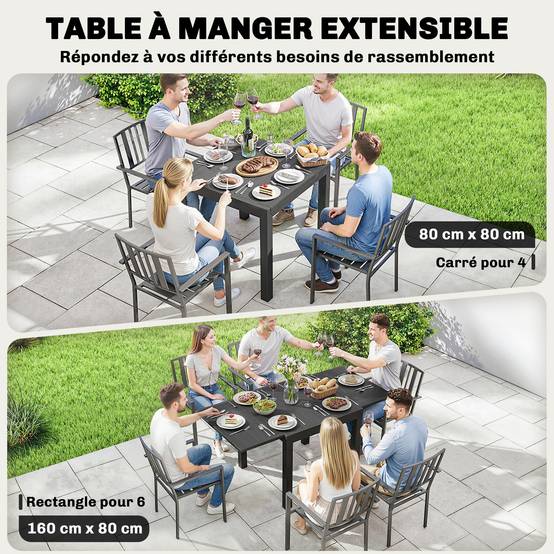 ComfortXL - Table Extensible Aluminium Jardin Terrasse Plateau Lattes Rallonge Intégrée 160x80cm Noir - ComfortXL Outdoor Living - Image 6
