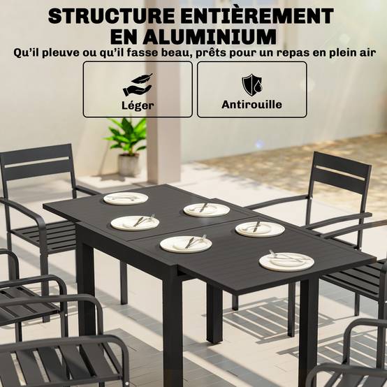 ComfortXL - Table Extensible Aluminium Jardin Terrasse Plateau Lattes Rallonge Intégrée 160x80cm Noir - ComfortXL Outdoor Living - Image 7