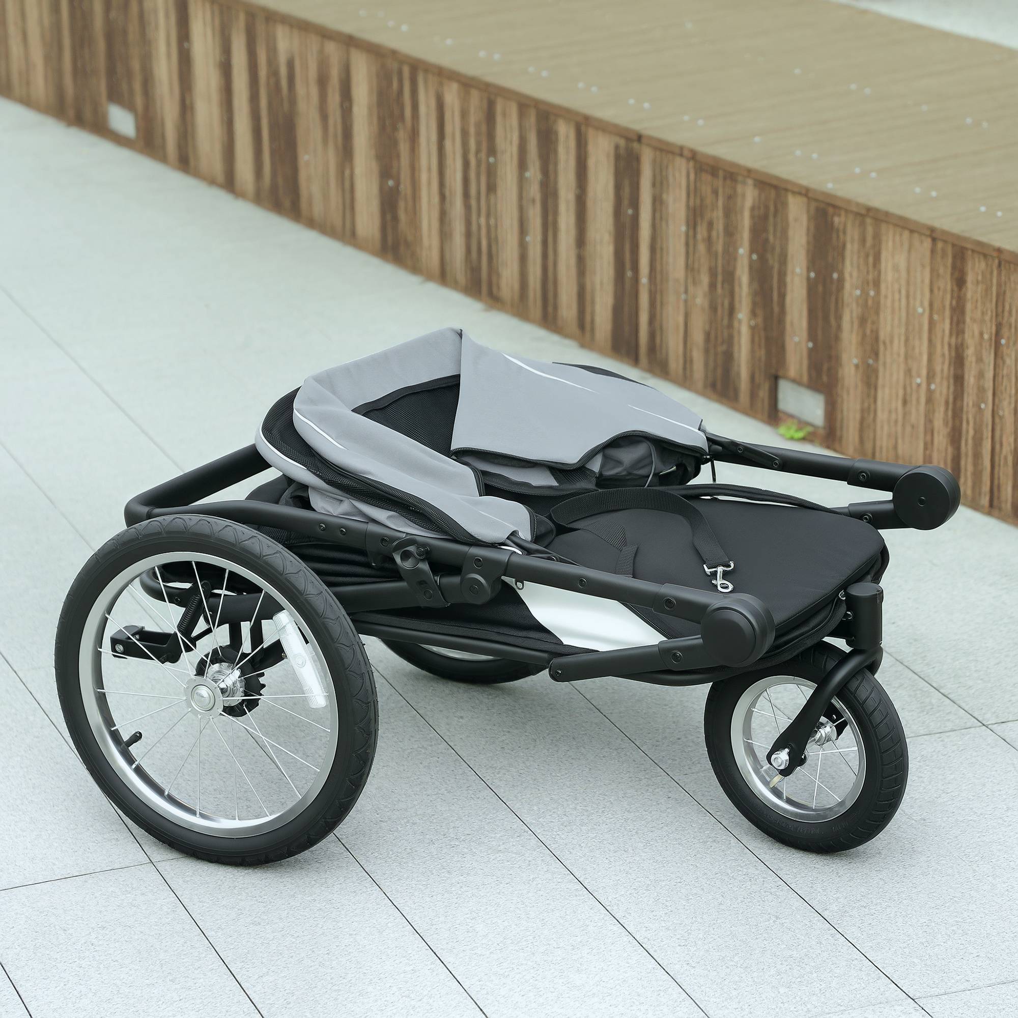 Poussette pour chien 3 roues avec pliage facile, sac de rangement, coussin souple, laisse de sécurité, gris - Image 10