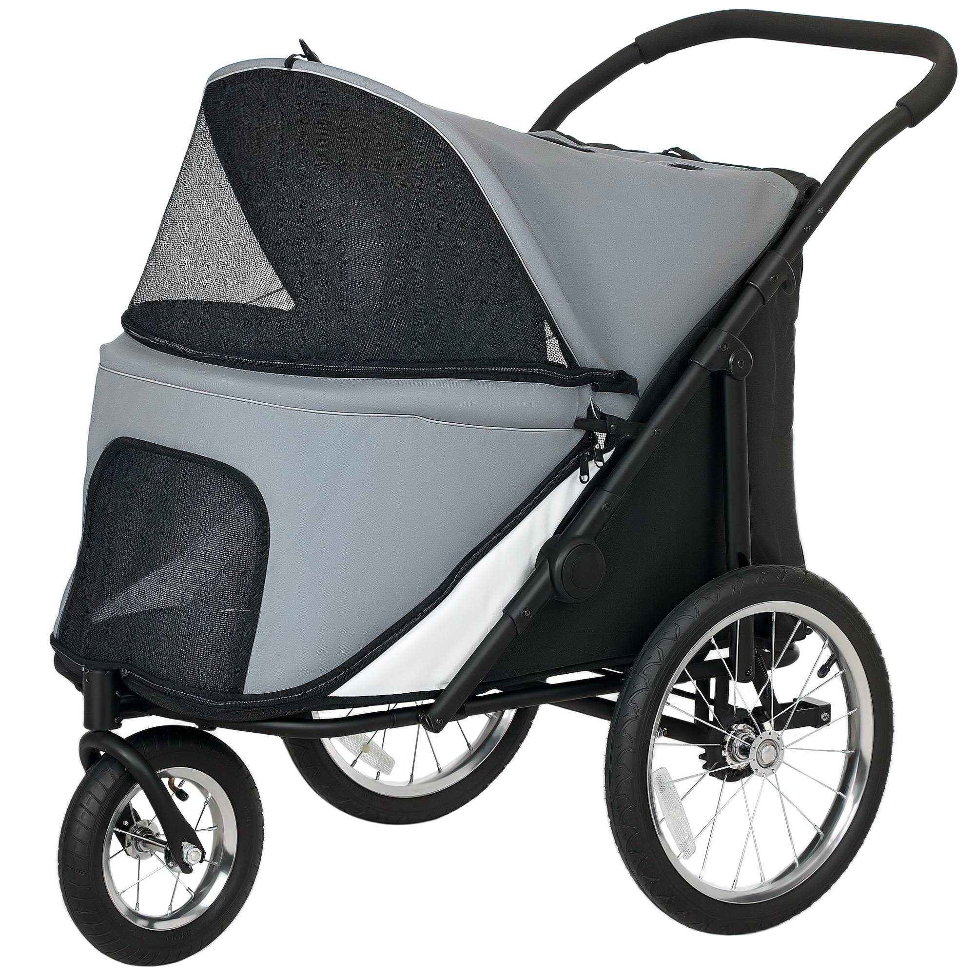 Poussette pour chien 3 roues avec pliage facile, sac de rangement, coussin souple, laisse de sécurité, gris - Image 2