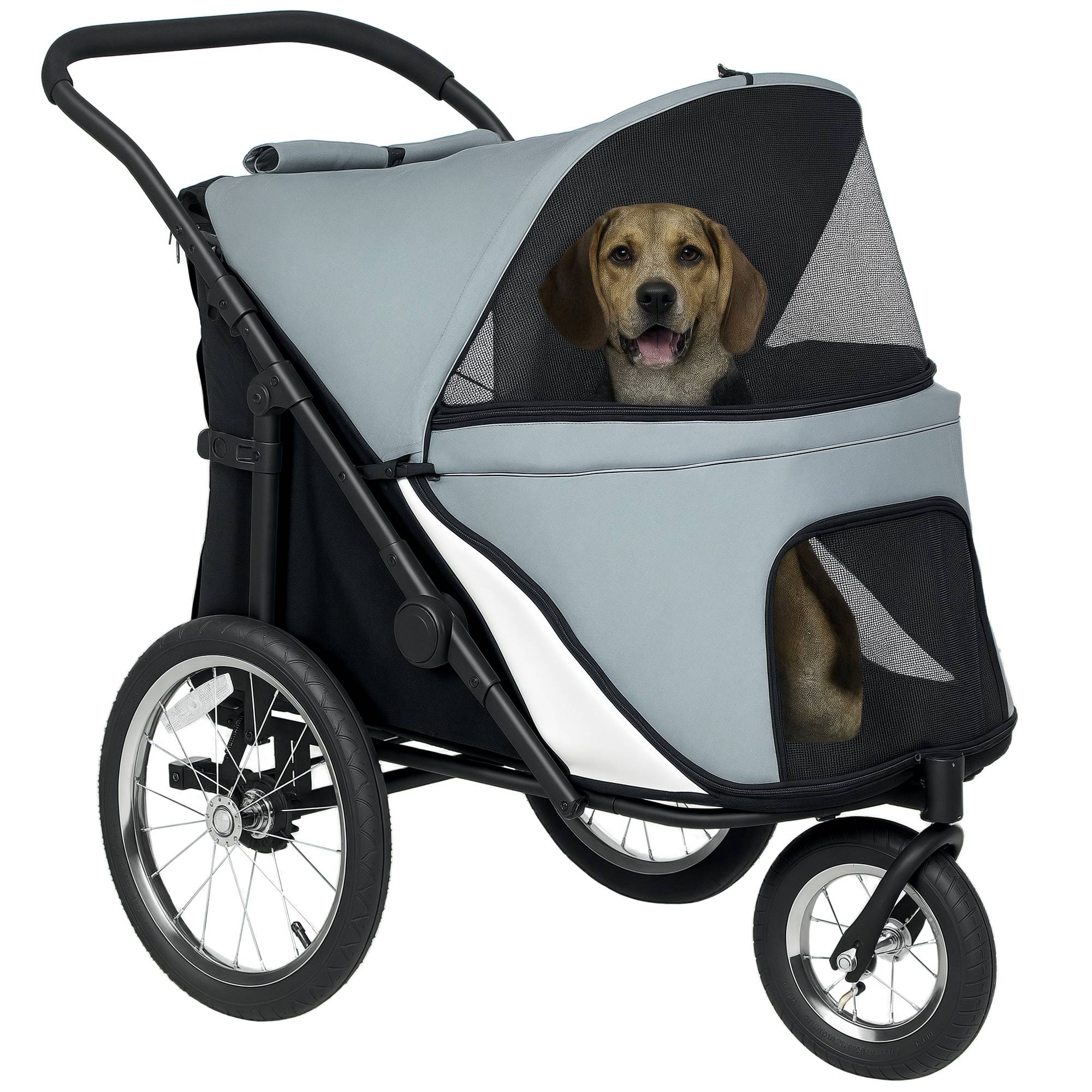 Poussette pour chien 3 roues avec pliage facile, sac de rangement, coussin souple, laisse de sécurité, gris - Image 1