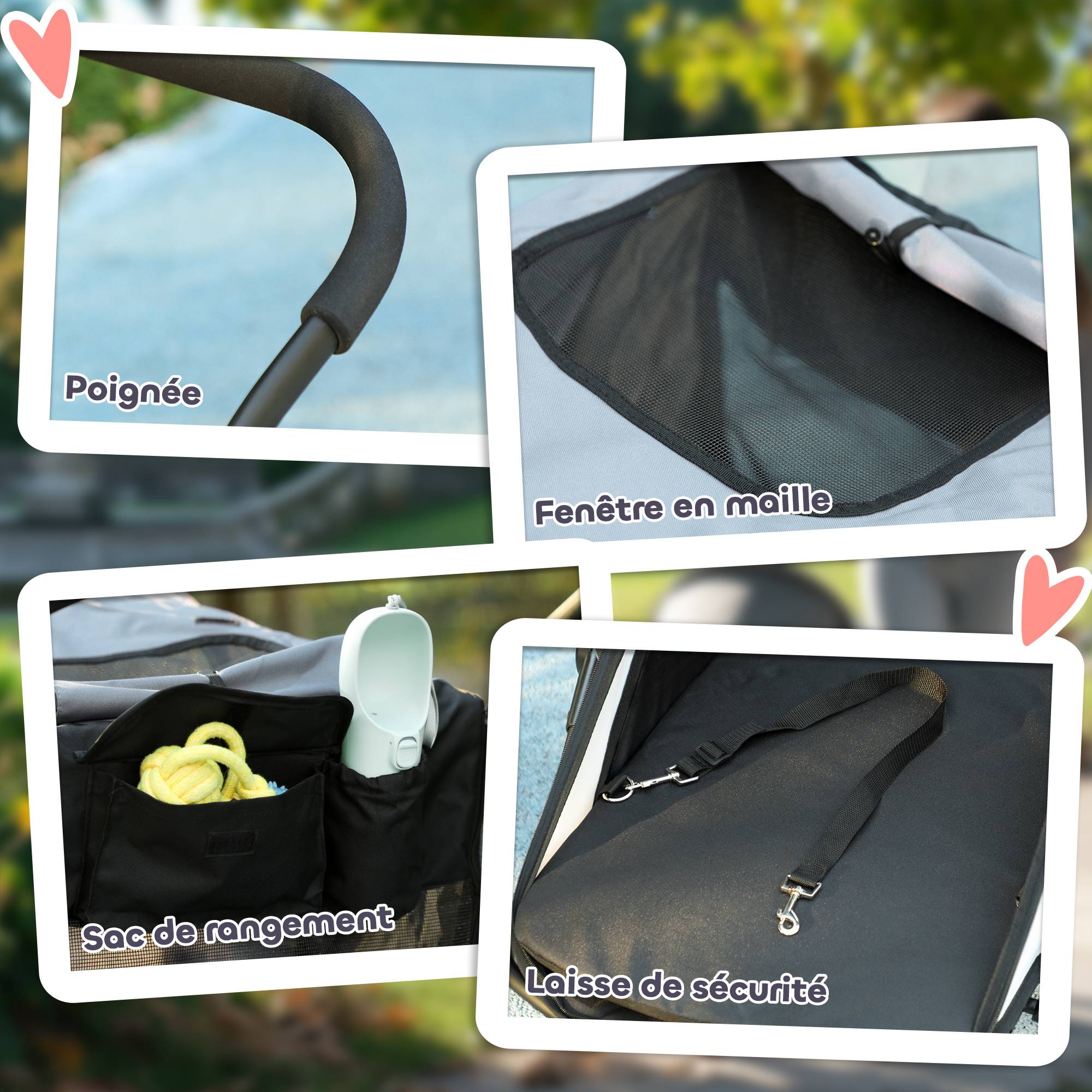 Poussette pour chien 3 roues avec pliage facile, sac de rangement, coussin souple, laisse de sécurité, gris - Image 8