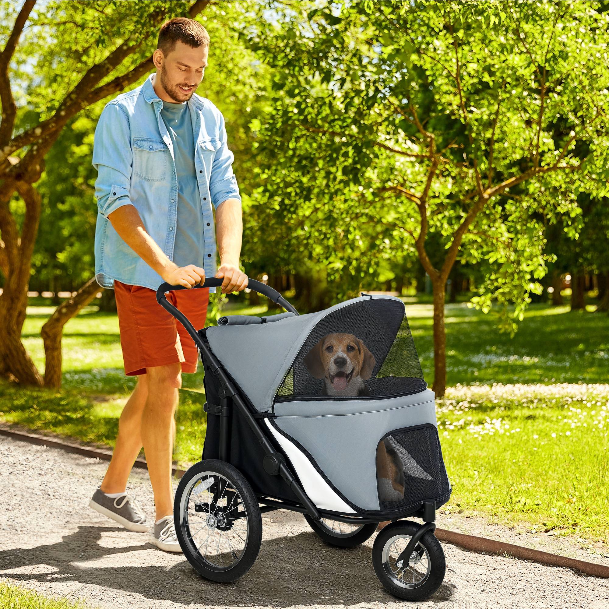 Poussette pour chien 3 roues avec pliage facile, sac de rangement, coussin souple, laisse de sécurité, gris - Image 3