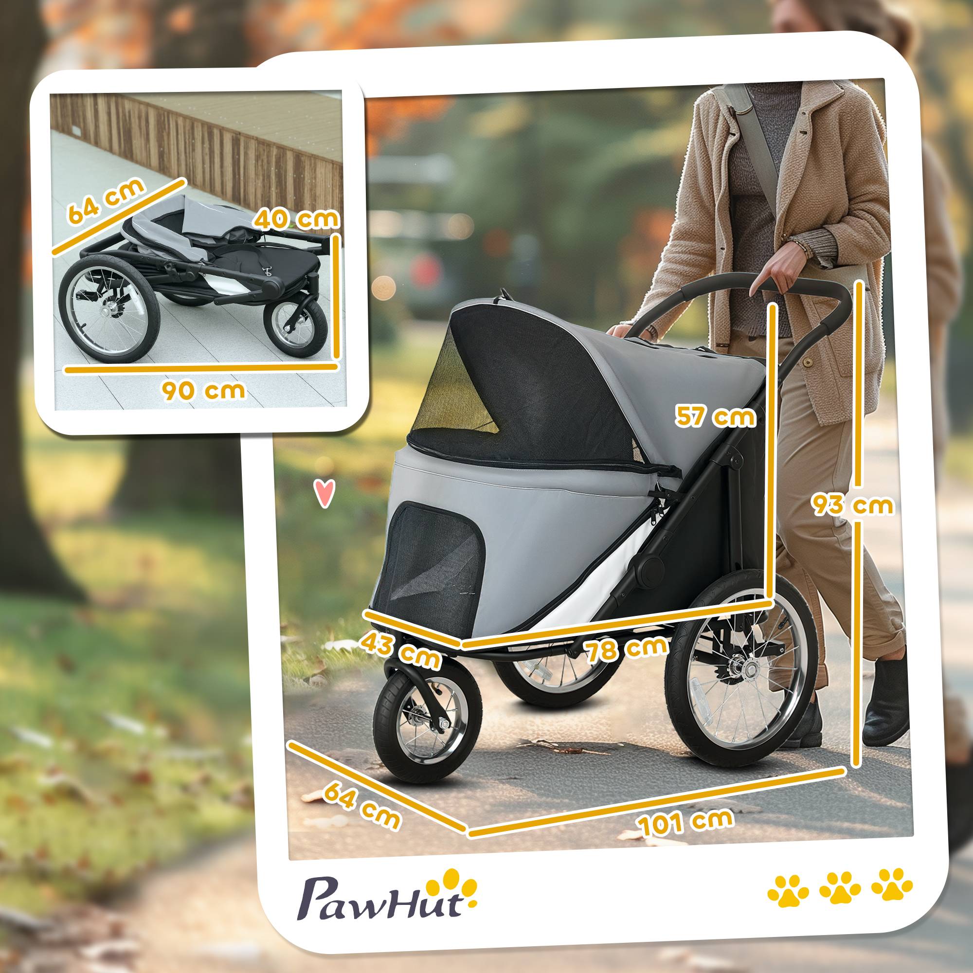Poussette pour chien 3 roues avec pliage facile, sac de rangement, coussin souple, laisse de sécurité, gris - Image 5