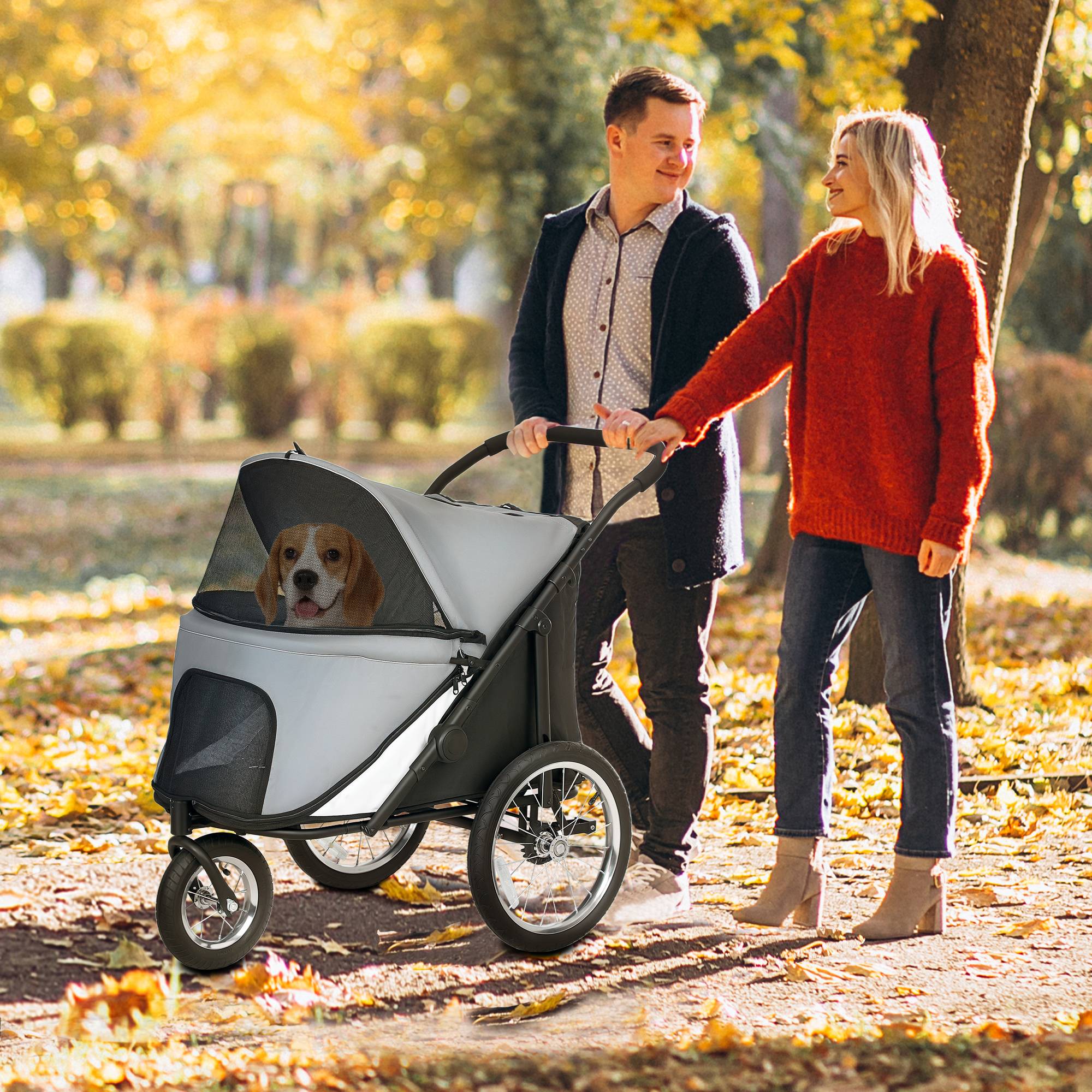 Poussette pour chien 3 roues avec pliage facile, sac de rangement, coussin souple, laisse de sécurité, gris - Image 4