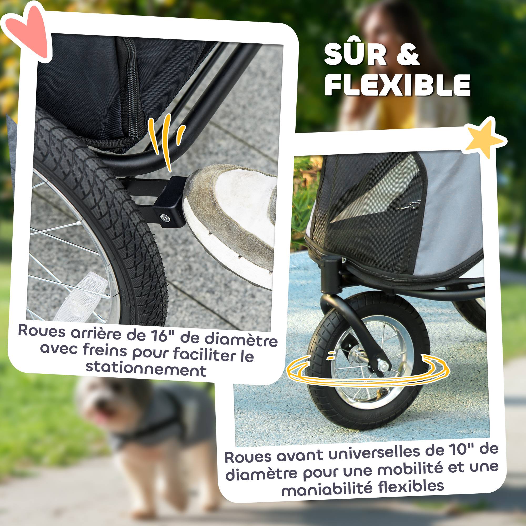 Poussette pour chien 3 roues avec pliage facile, sac de rangement, coussin souple, laisse de sécurité, gris - Image 7