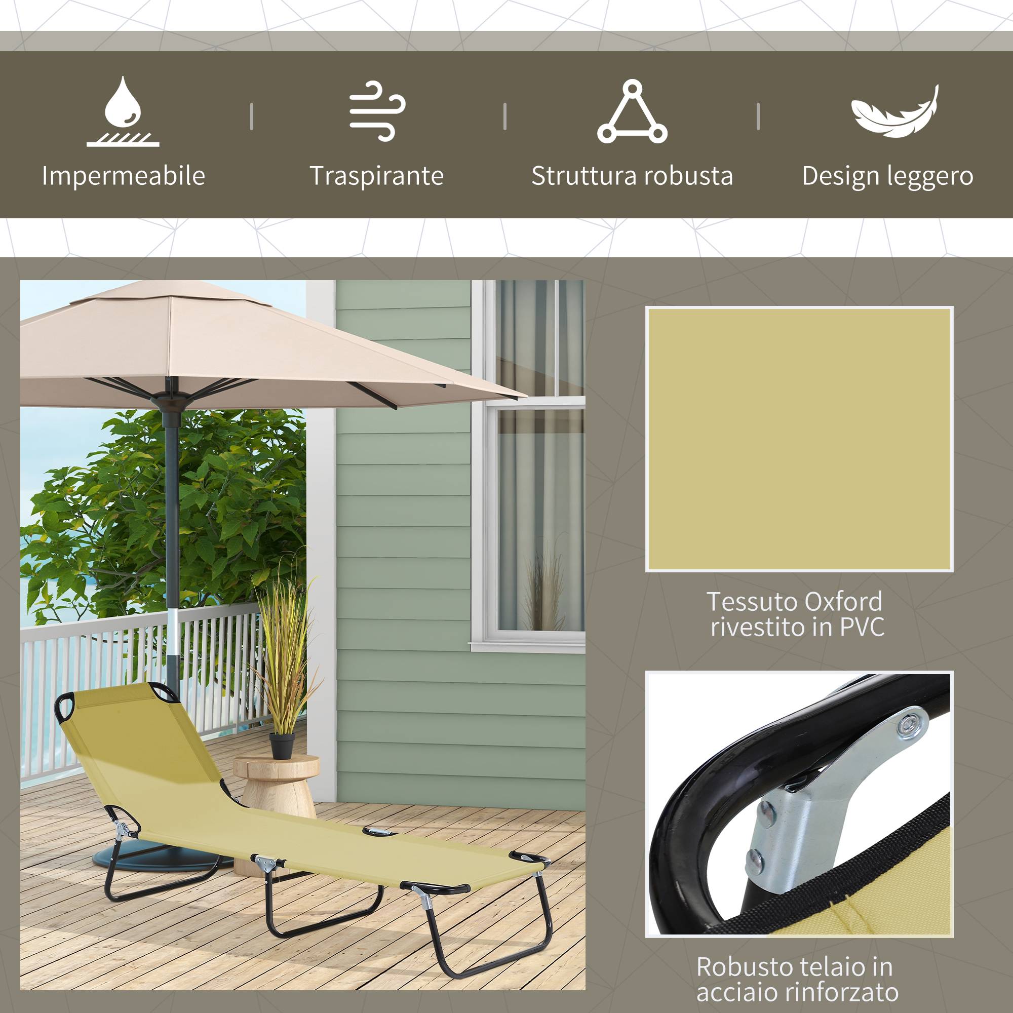 Chaise longue de jardin avec dossier réglable 5 positions, structure en acier et tissu Oxford, 188 x 56 x 28 cm, beige - Image 7