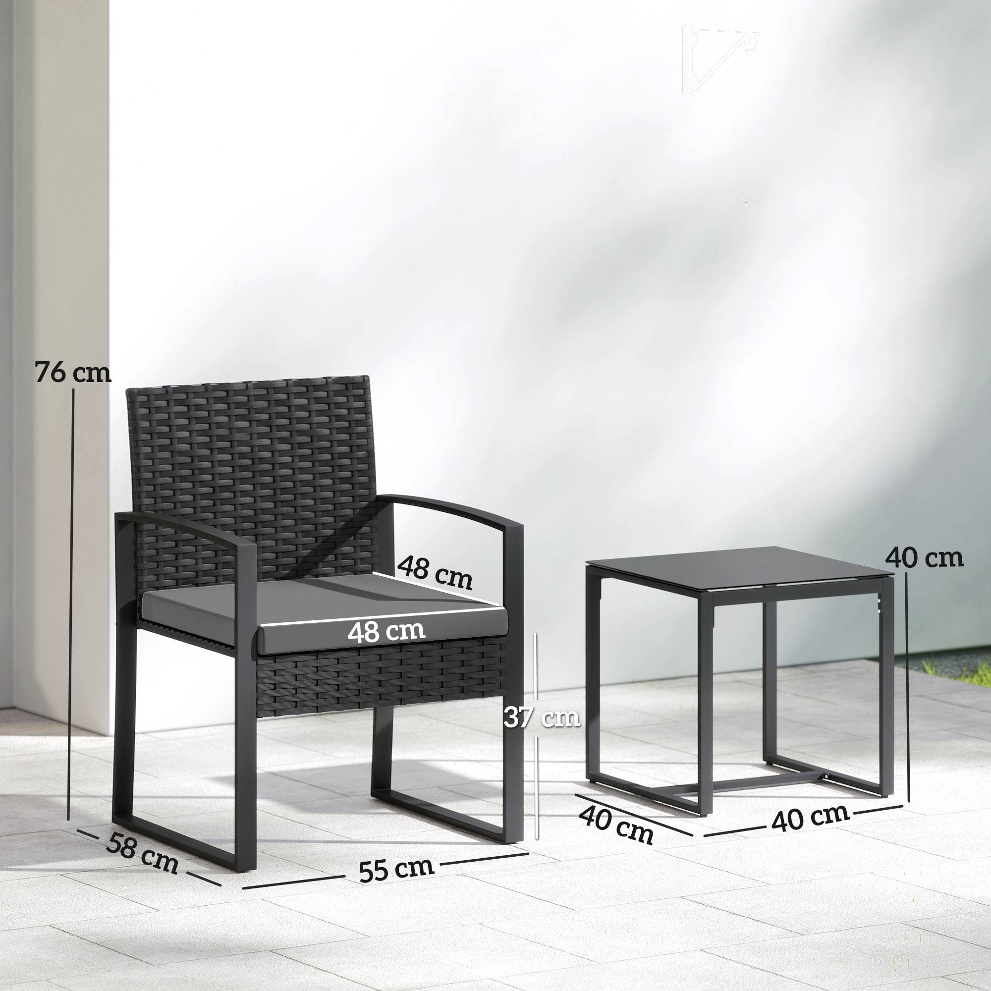 Sans Marque - Salon de jardin extérieur en résine tressée 2 personnes, table de jardin avec 2 chaises, plateau en verre trempé, noir - Image 5