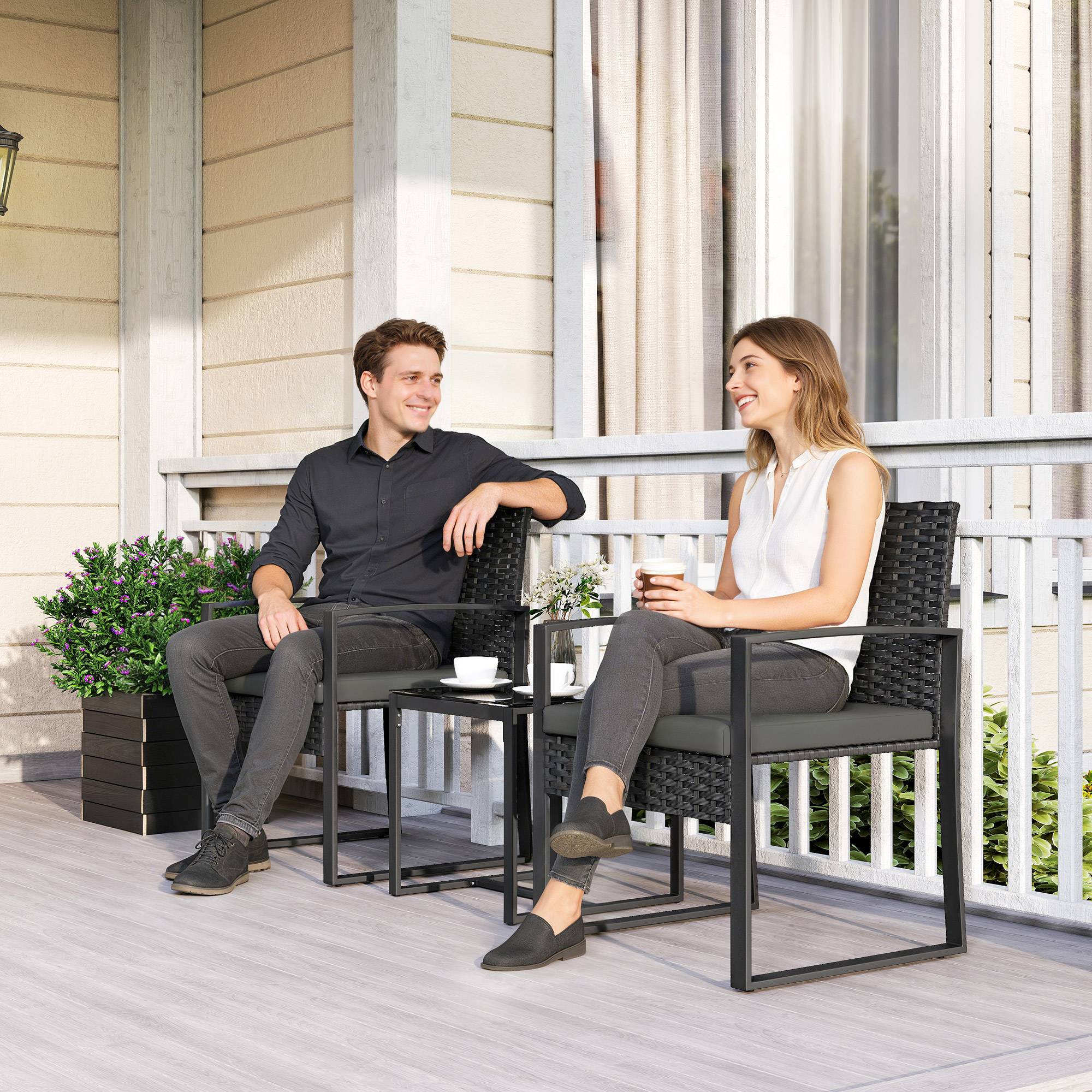Sans Marque - Salon de jardin extérieur en résine tressée 2 personnes, table de jardin avec 2 chaises, plateau en verre trempé, noir - Image 10