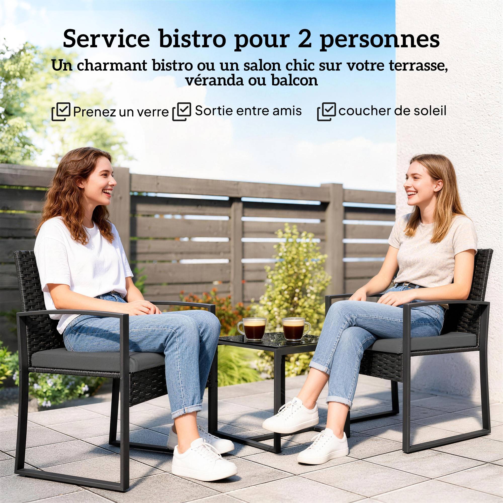 Sans Marque - Salon de jardin extérieur en résine tressée 2 personnes, table de jardin avec 2 chaises, plateau en verre trempé, noir - Image 6