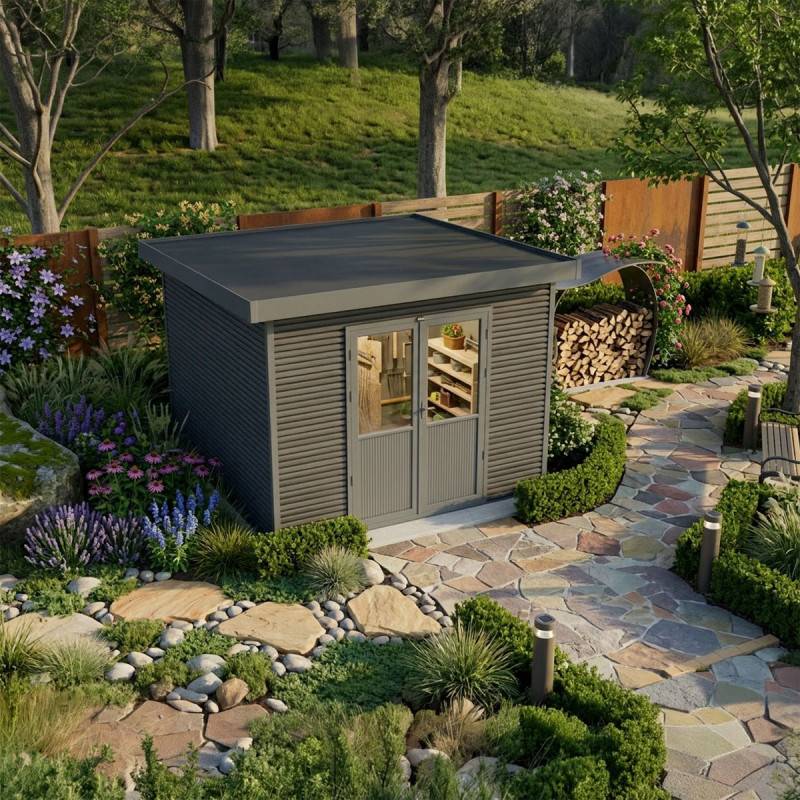 Barac - Abri de jardin en bois composite 28mm - Onyx 33 - 9m² - Gris - Image 5
