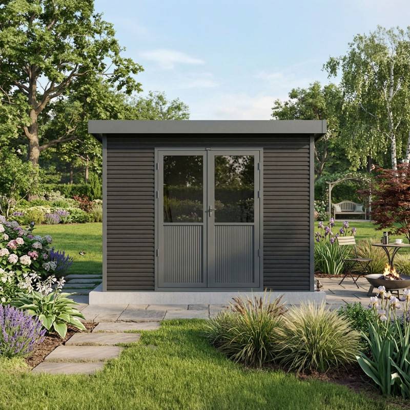 Barac - Abri de jardin en bois composite 28mm - Onyx 33 - 9m² - Gris - Image 1