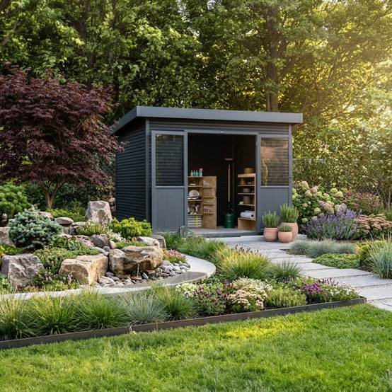 Barac - Abri de jardin en bois composite 28mm - Onyx 33 - 9m² - Gris - Image 8
