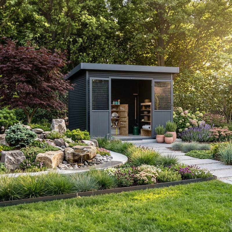 Barac - Abri de jardin en bois composite 28mm - Onyx 33 - 9m² - Gris - Image 8
