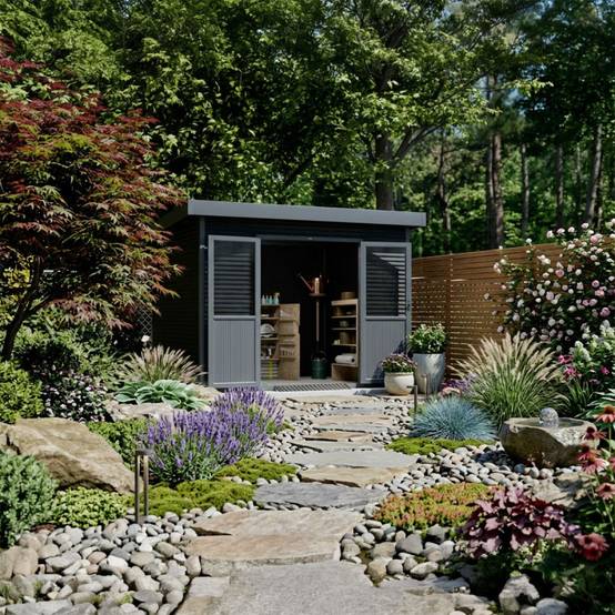 Barac - Abri de jardin en bois composite 28mm - Onyx 33 - 9m² - Gris - Image 4