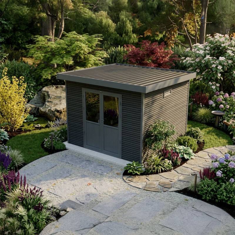 Barac - Abri de jardin en bois composite 28mm - Onyx 33 - 9m² - Gris - Image 10