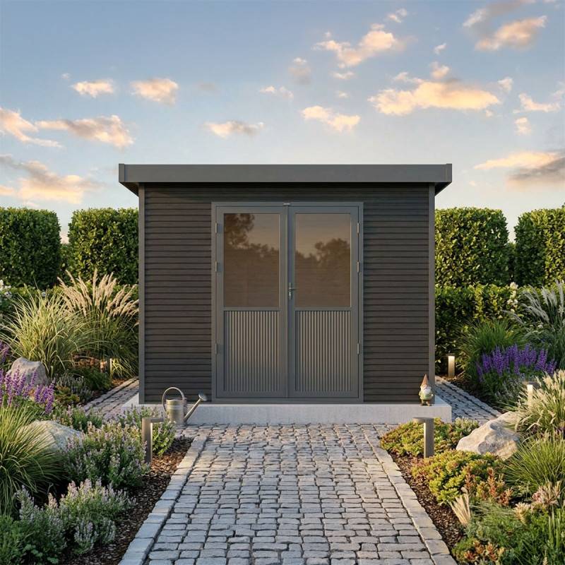 Barac - Abri de jardin en bois composite 28mm - Onyx 33 - 9m² - Gris - Image 9
