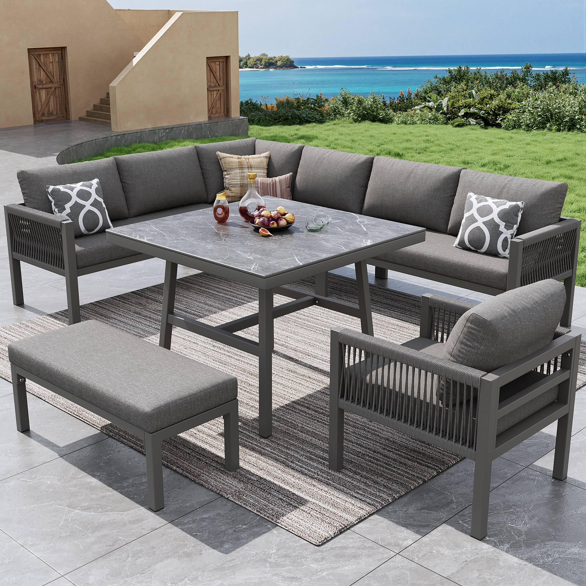 Salon de Jardin avec 3 Canapés 2 Places 1 Fauteuil 1 Banc 1 Table pour 8 personnes Gris - Image 4