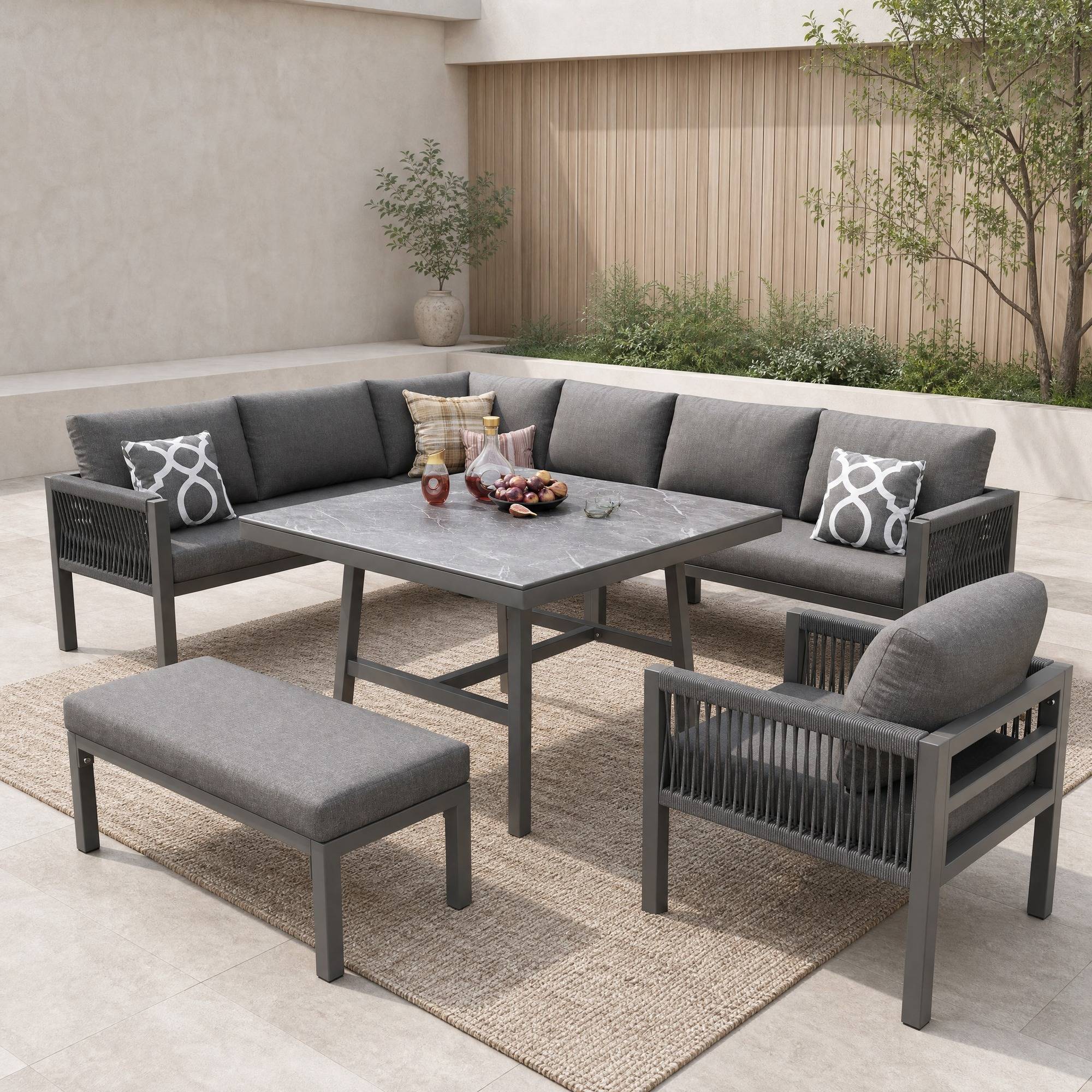 Salon de Jardin avec 3 Canapés 2 Places 1 Fauteuil 1 Banc 1 Table pour 8 personnes Gris - Image 2