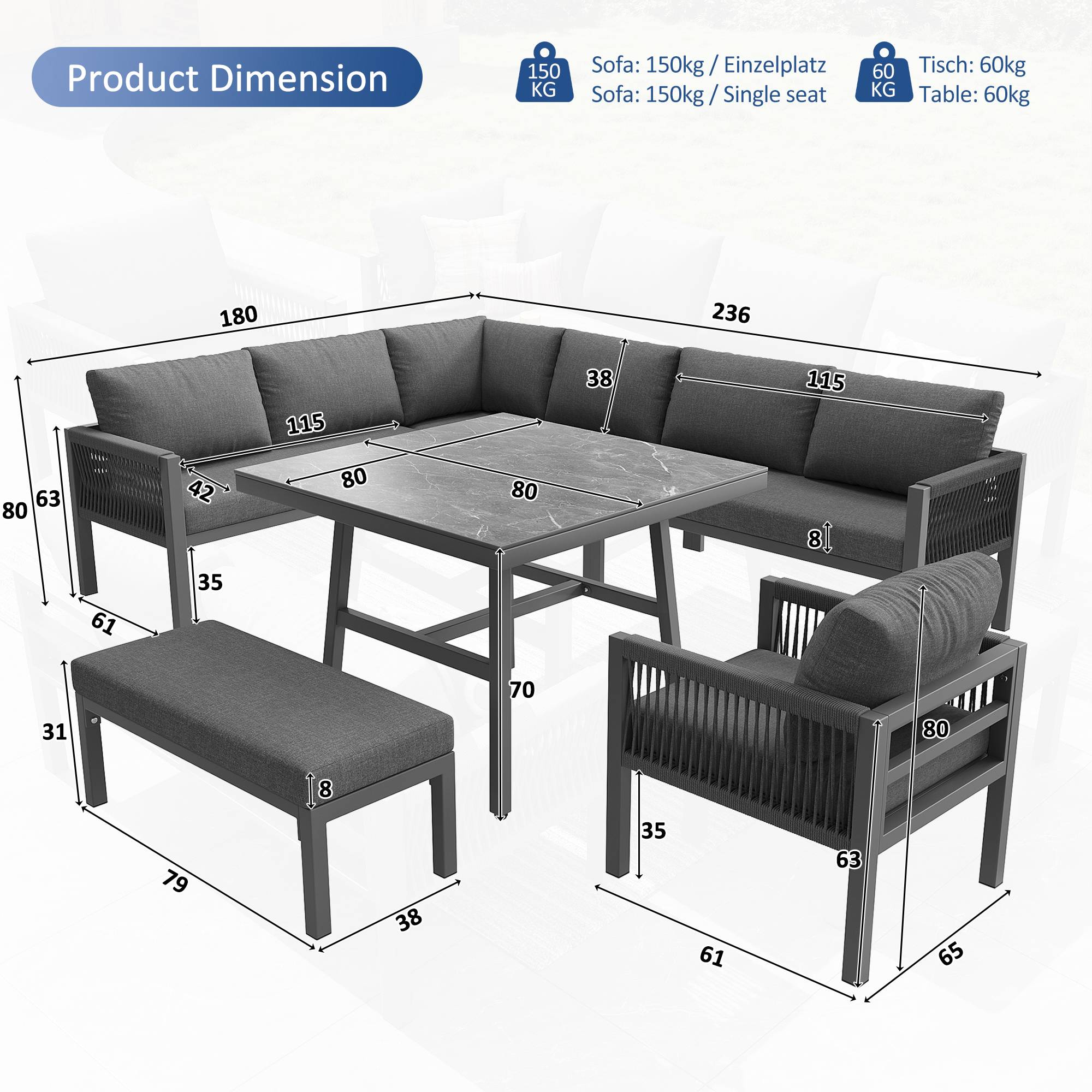 Salon de Jardin avec 3 Canapés 2 Places 1 Fauteuil 1 Banc 1 Table pour 8 personnes Gris - Image 5