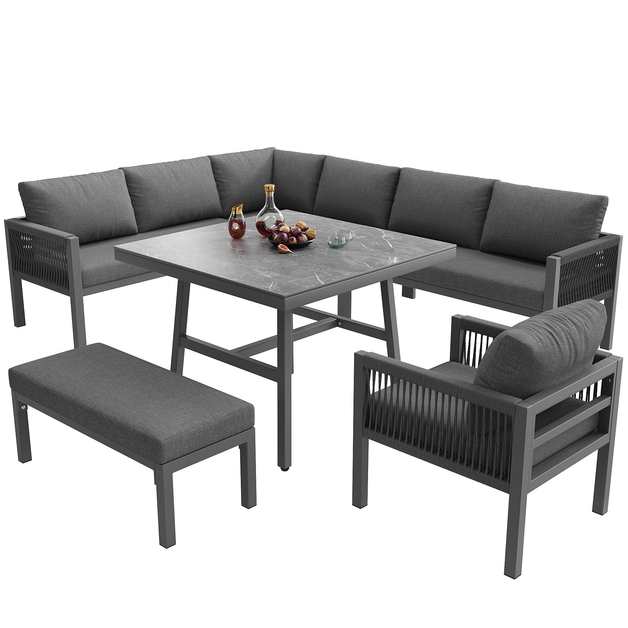 Salon de Jardin avec 3 Canapés 2 Places 1 Fauteuil 1 Banc 1 Table pour 8 personnes Gris