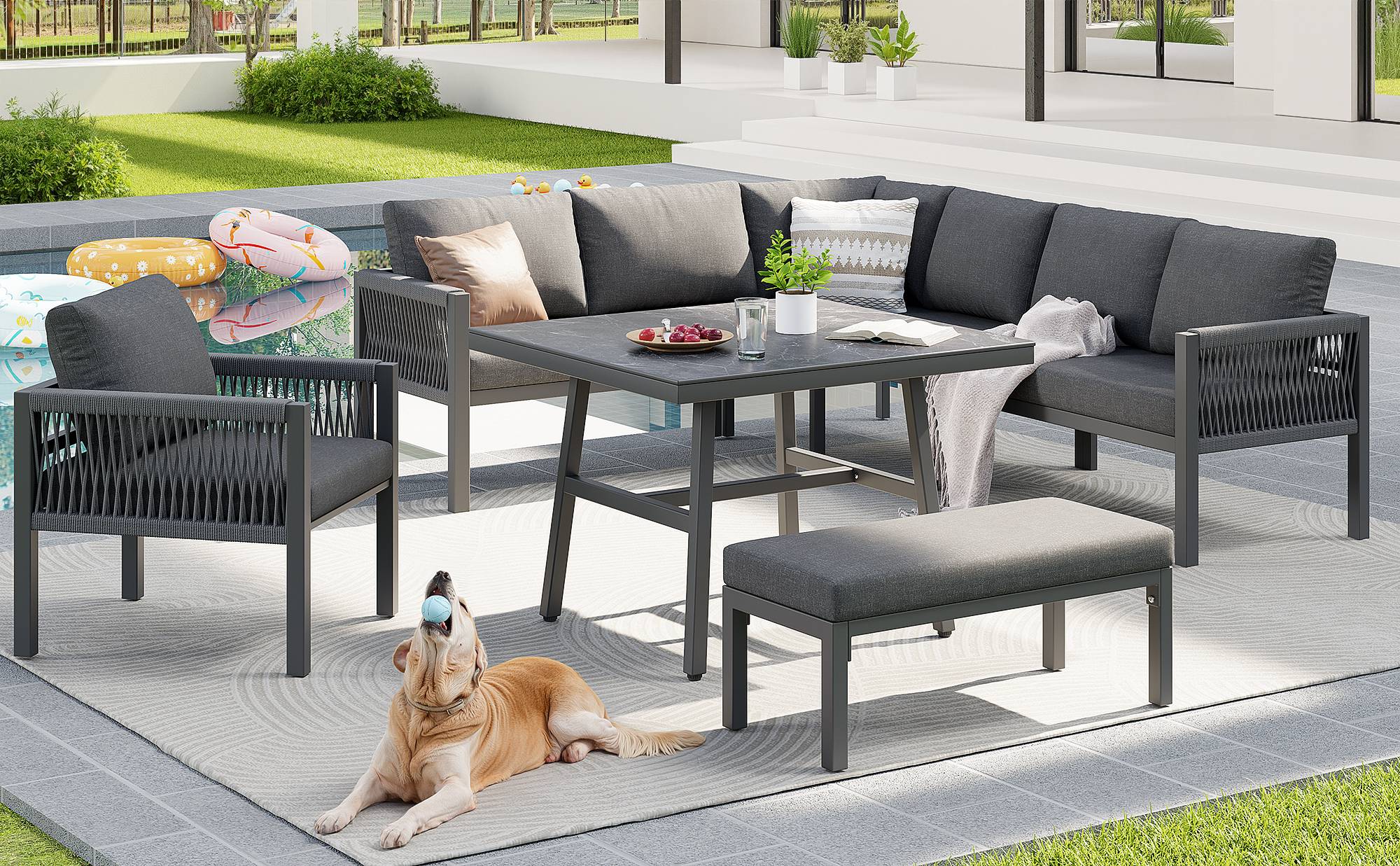 Salon de Jardin avec 3 Canapés 2 Places 1 Fauteuil 1 Banc 1 Table pour 8 personnes Gris - Image 10
