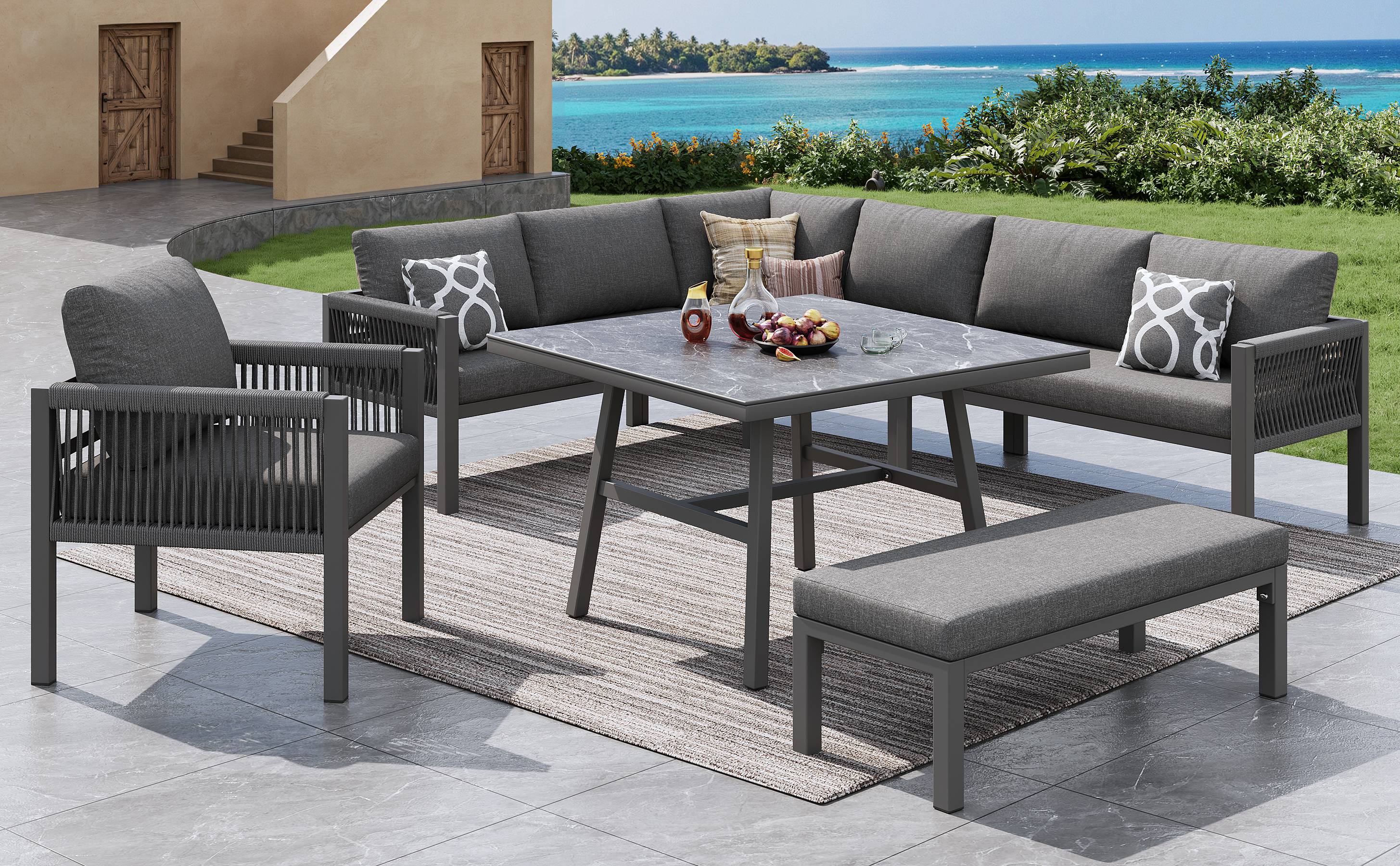 Salon de Jardin avec 3 Canapés 2 Places 1 Fauteuil 1 Banc 1 Table pour 8 personnes Gris - Image 9