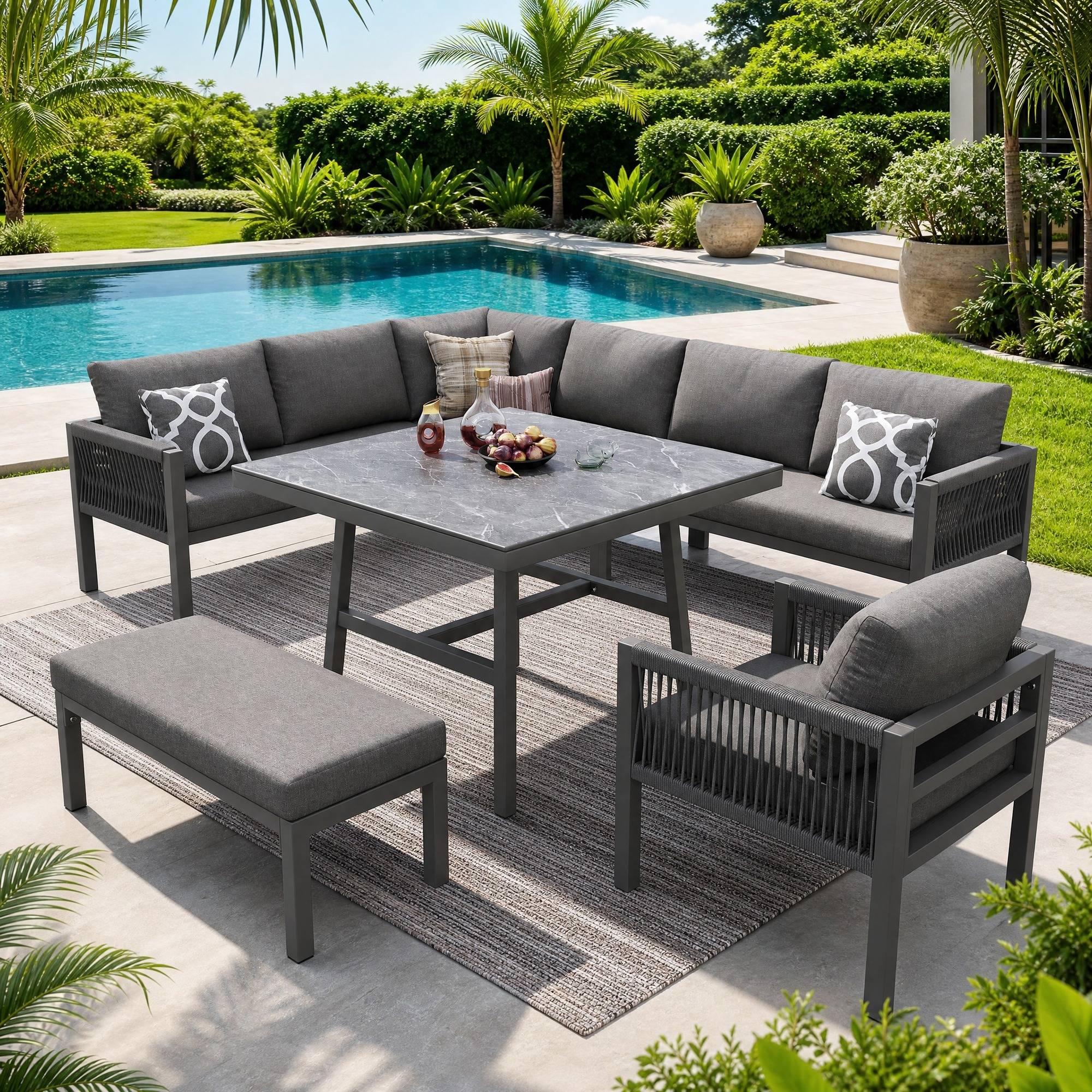 Salon de Jardin avec 3 Canapés 2 Places 1 Fauteuil 1 Banc 1 Table pour 8 personnes Gris - Image 3