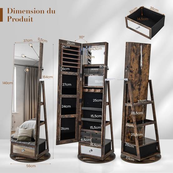 GOPLUS Armoire à Bijoux avec Miroir sur Pied et de Maquillage,Pivotante GOPLUS Armoire à Bijoux avec Miroir sur Pied et de Maquillage,Pivotante