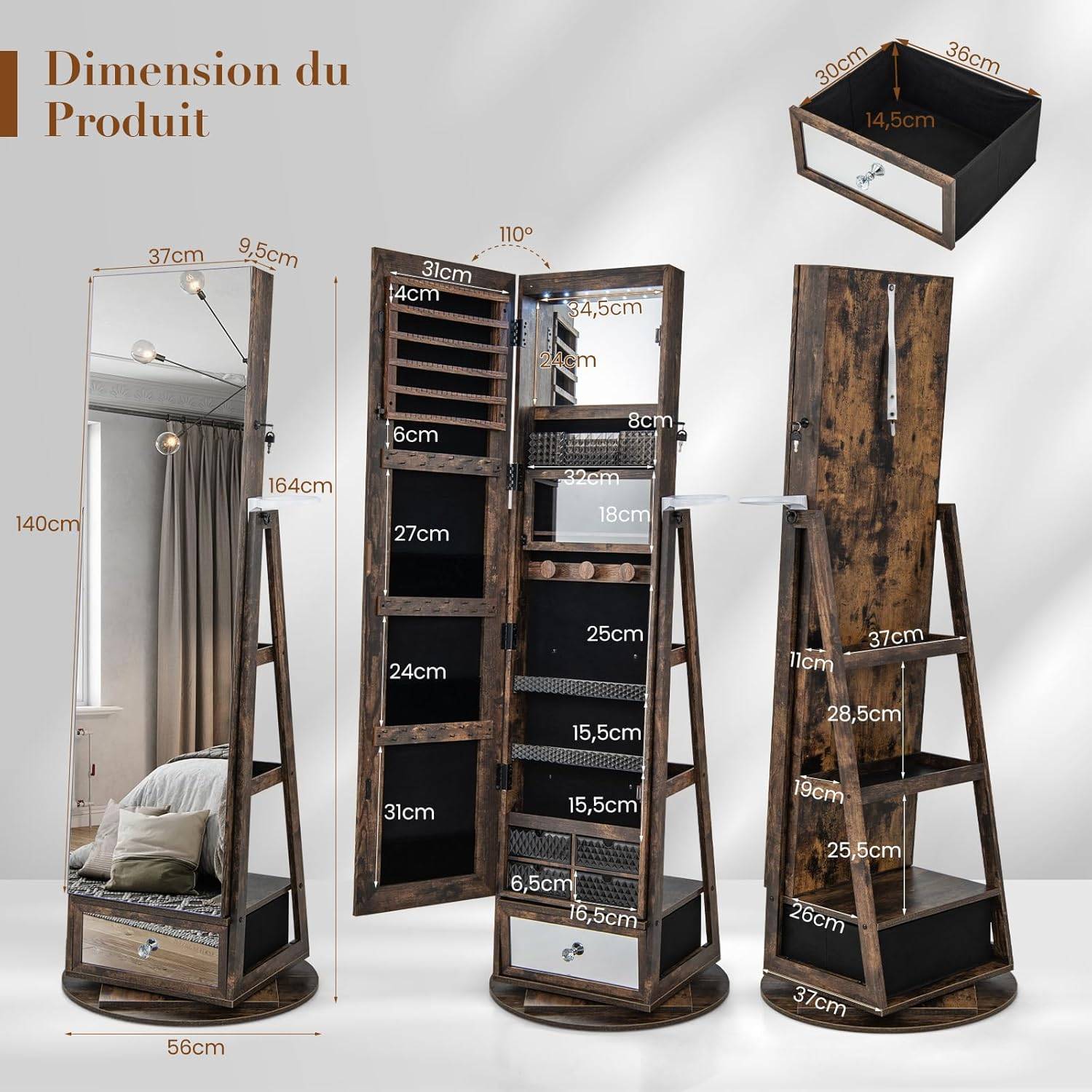 GOPLUS Armoire à Bijoux avec Miroir sur Pied et de Maquillage,Pivotante