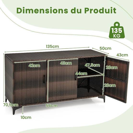 COSTWAY Coffre de Rangement en Résine Tressée pour Patio 318 L, Boîte de Rangement avec 3 Portes Étagères Amovibles Grand Bac Étanche, Marron - Image 5