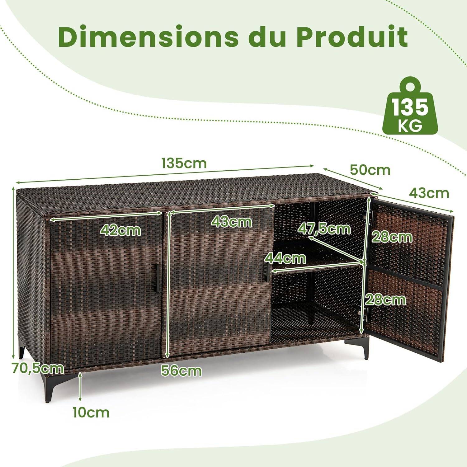 COSTWAY Coffre de Rangement en Résine Tressée pour Patio 318 L, Boîte de Rangement avec 3 Portes Étagères Amovibles Grand Bac Étanche, Marron - Image 5